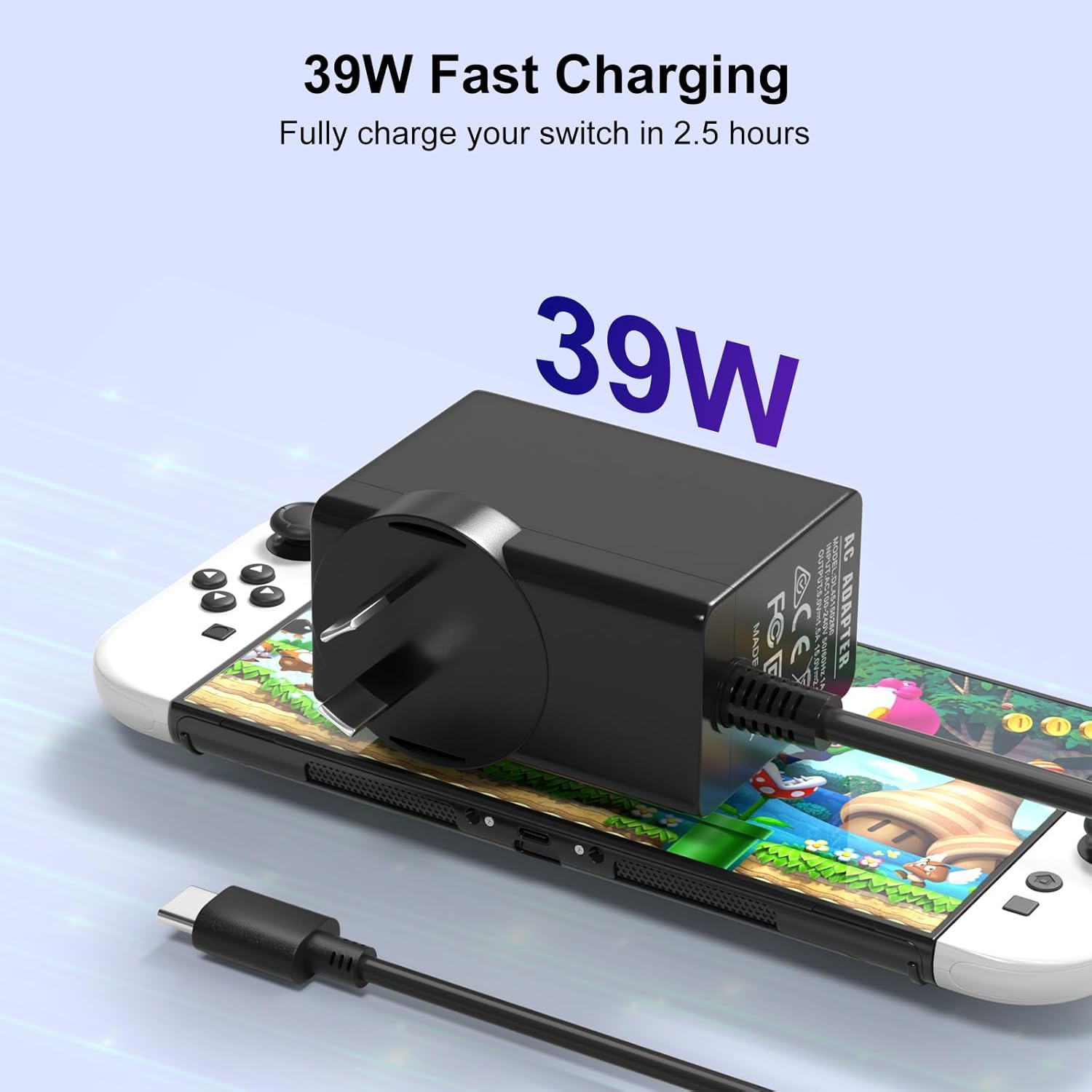 39W AC Adapter for Nintendo Switch, 15V/2.6A PD Fast Travel Wall Charger Compatible with TV Mode and Steam Deck, USB Type C for Switch Lite OLED