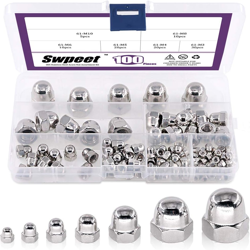 Swpeet 100Pcs 304 Stainless Steel Serrated Metric Acorn Cap Nuts Hex Dome Cap Assortment Kit, 7 Sizes - M3 M4 M5 M6 M8 M10 M12 image number 5