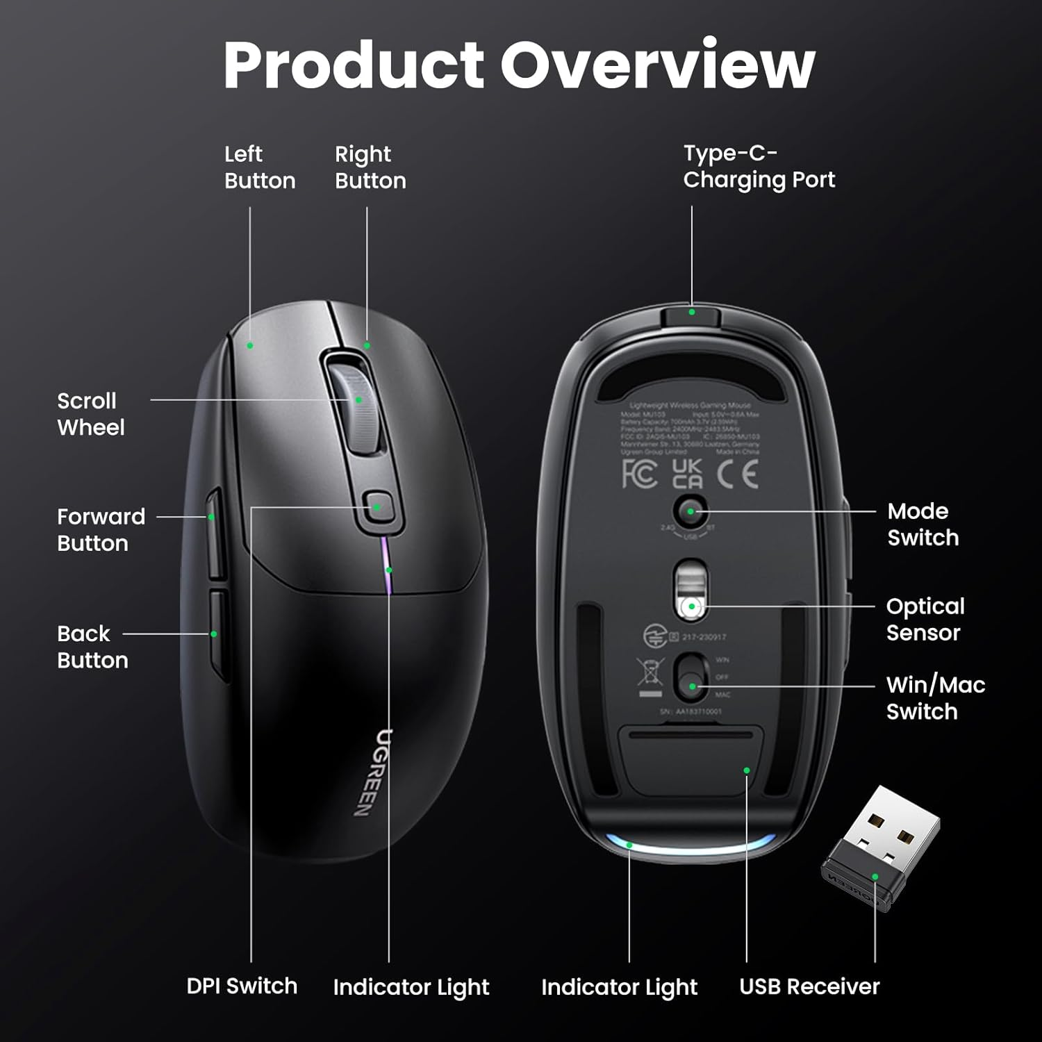 UGREEN Wireless Gaming Mouse, 2.4G Ergonomic Optical, 5 Adjustment Levels 5000 DPI, 5 Programmable Buttons Lightweight Rechargeable Bluetooth for Laptop, PC, Computer, Chromebook, Notebook image number 4