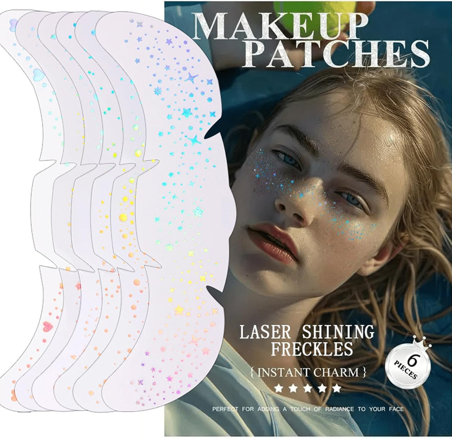 Glitter Freckles Face Tattoo, 12 Pcs Multichrome Holographic Sparkle Face Glitter Freckles Speckles Stickers, Waterproof Metallic Cute Star Temporary Tattoo Stickers Makeup Festival Rave Accessories image number 6