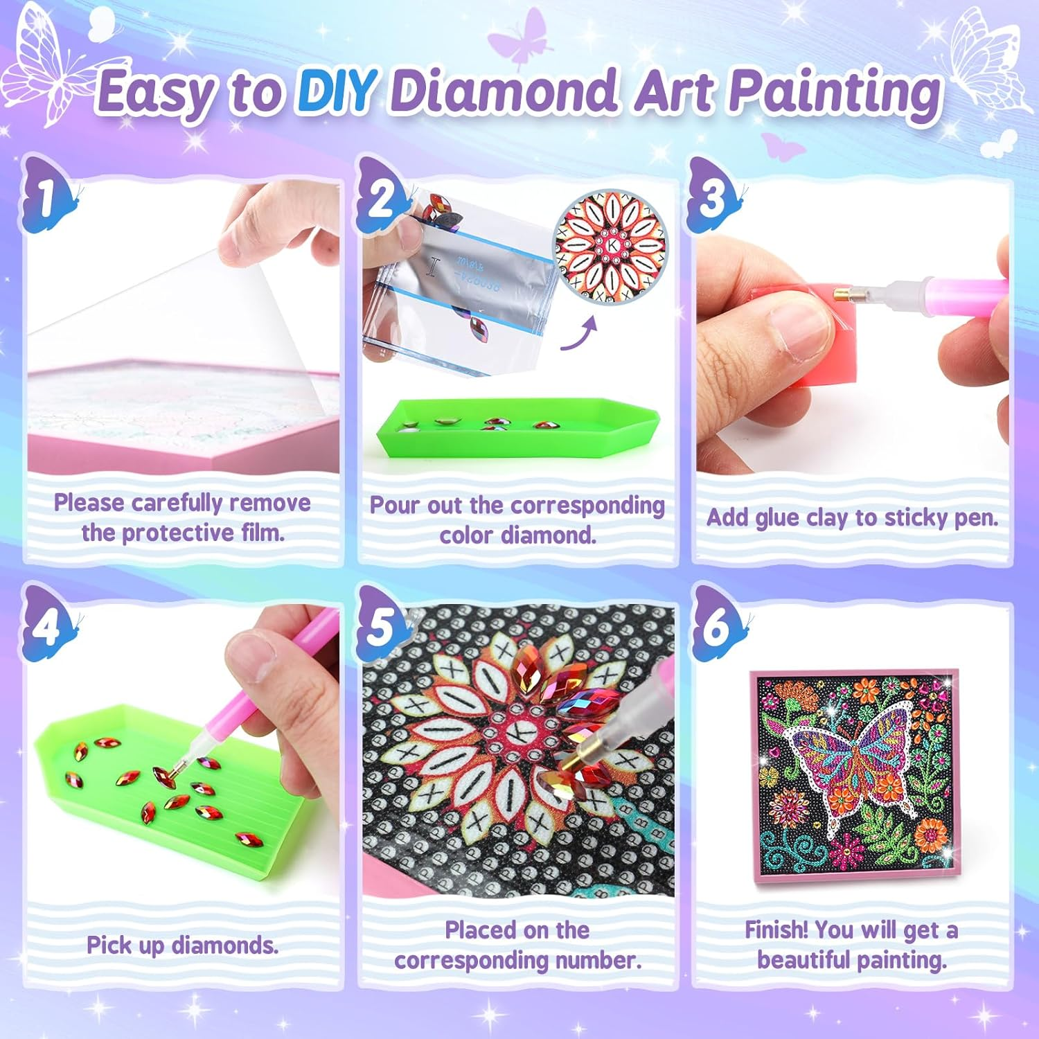 Diamond Art Kits for Kids - Crafts for Girls 8-12 - Diamond Art Painting with Wooden Frame - Arts and Crafts for Kids Ages 4-6 8-10 - GEM Art Supplies Dots for Adult Beginners Home Wall Decor Gifts (Butterfly) image number 3