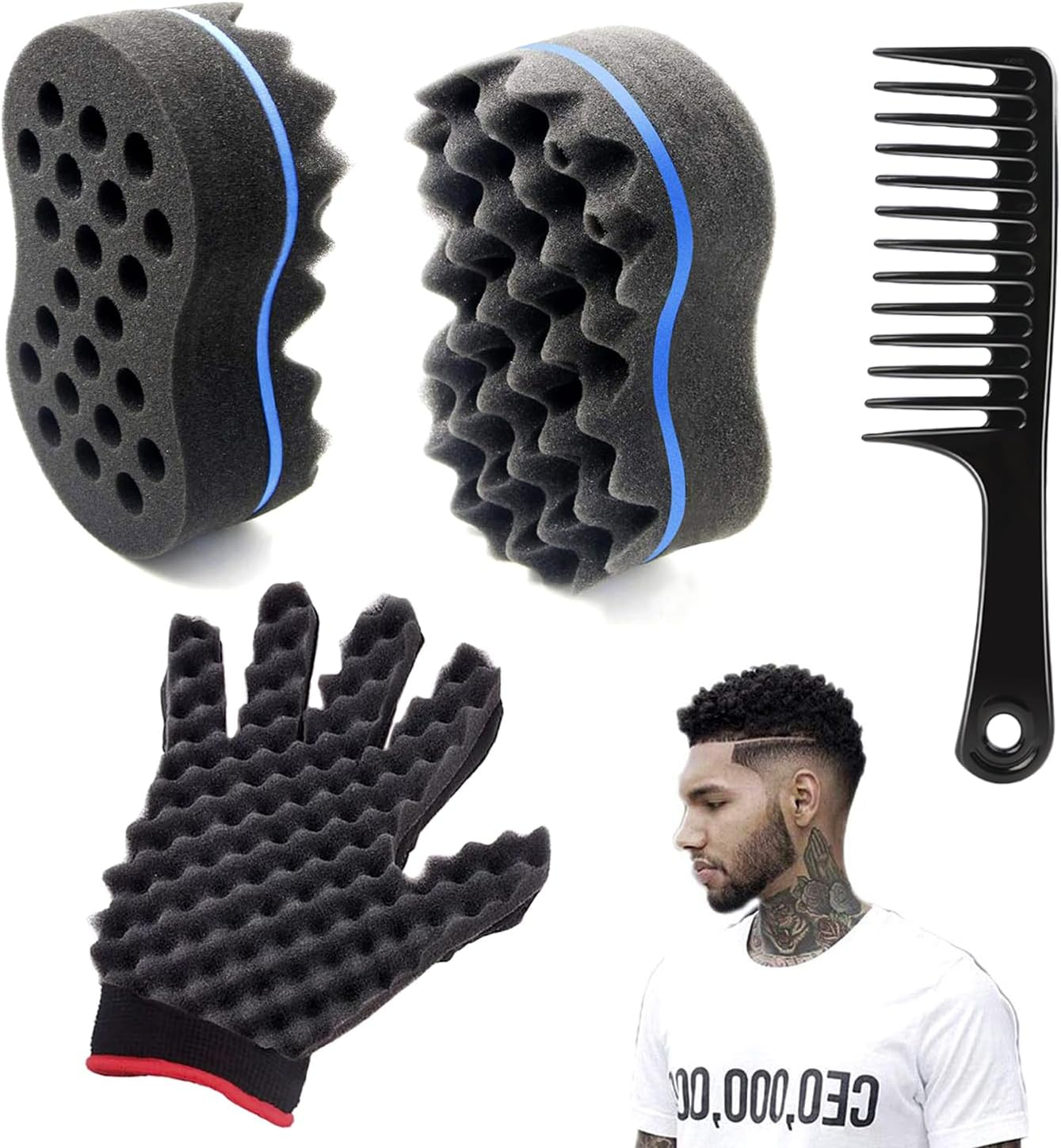 ARJDXDP 3 Pcs Hair Sponge Brush, Big Holes Afro Curl Sponge, 4 in 1 Afro Twist Comb Set for Twists and Dreads Hair Twist Sponge Curling Sponge for Afro Hair image number 5