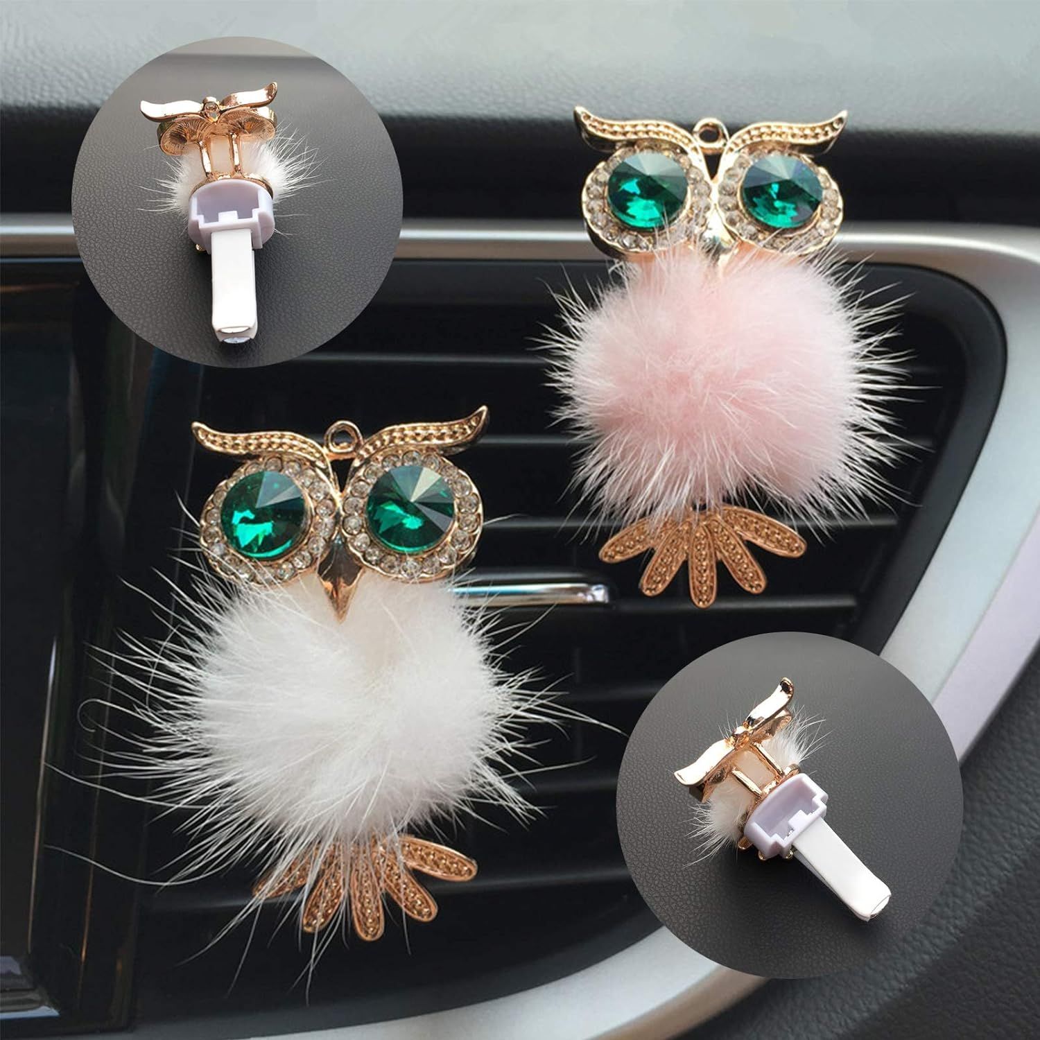 MY 2Pcs Owl Cute Car Air Freshener, Bling Crystal Car Air Vent Clip Charms, White and Pink, Fresh Scent image number 3