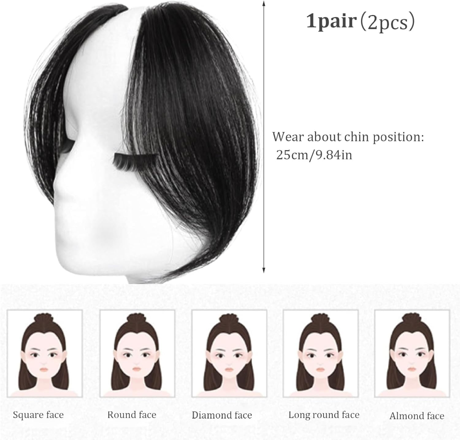 FRAKMU 2Pcs Wavy Side Bangs Clip-In Human Hair Extensions, 9.8 Inch Long, Natural Black