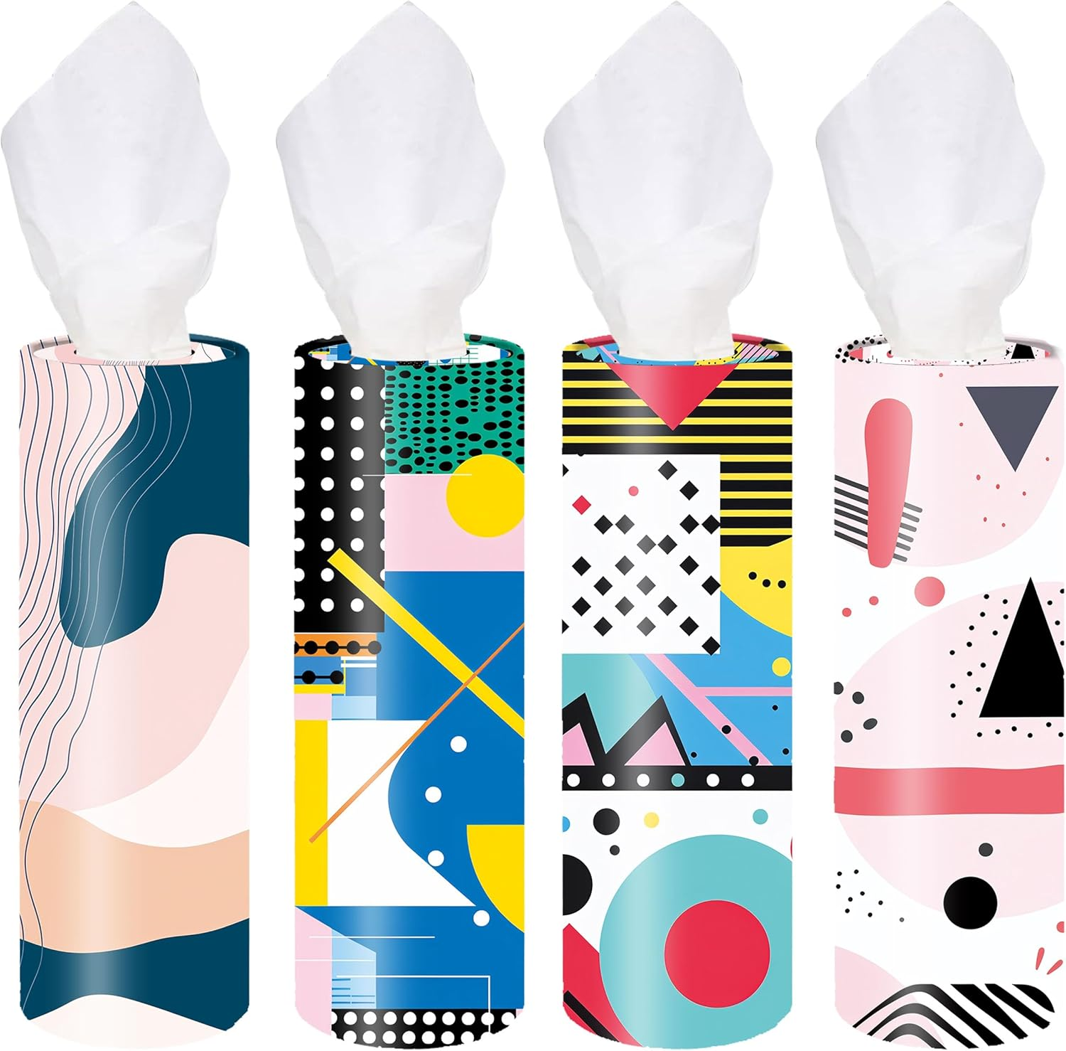 4-Pack Car Tissue Cylinders - 1980S Geometric Pattern, Fits Car Cup Holders, Travel Tissue Tubes with Facial Tissues (Geometric Design)