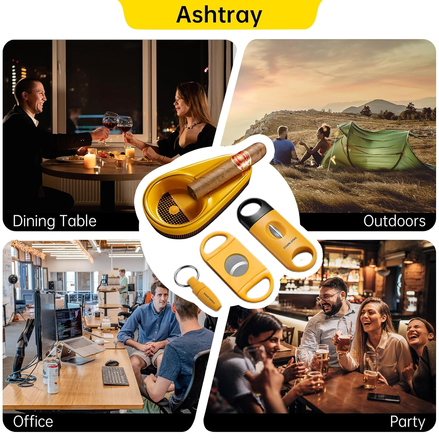 Cigar Ashtray with Cigar Cutter Set Portable, Include Ceramic Ashtray, Enlarge Sharp V-Cut Cutter Punch with Gift Box, Accessories Set for Men(Yellow) - Blue image number 4