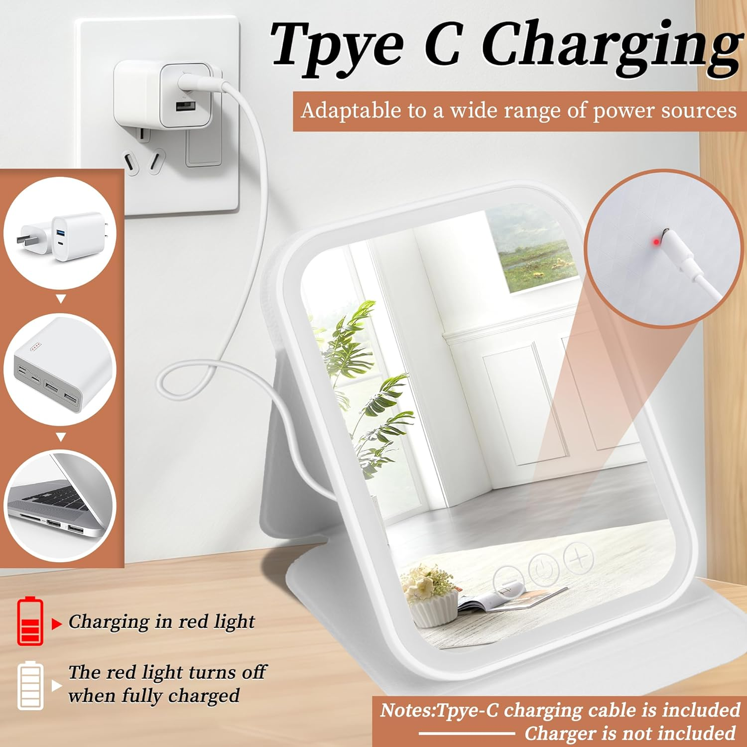 Rechargeable Travel Vanity Mirror with 40 Led Lights, Portable Lighted Beauty Makeup Mirror, 3 Color Lighting, Touch Dimming, Tabletop Folding LED Mirror with Leather Case, White image number 3