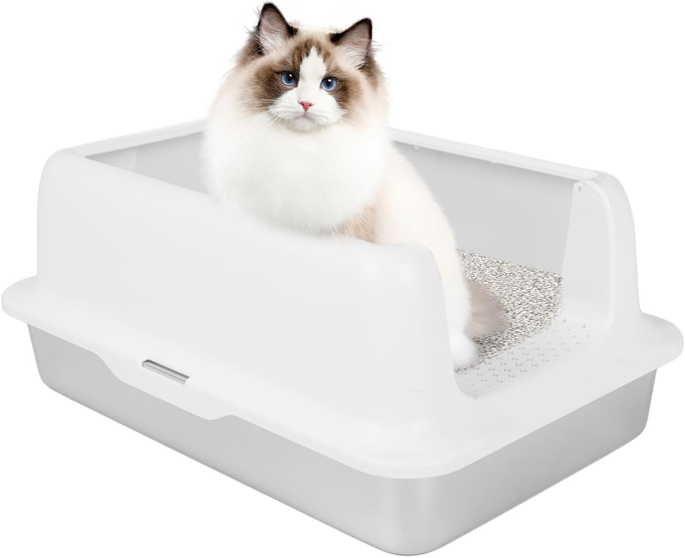 Stainless Steel Litter Box, Open Top Cat Litter Tray, High Sided Cat Litter Pan, Large Metal Cat Litter Box, Easy to Clean (White) image number 4