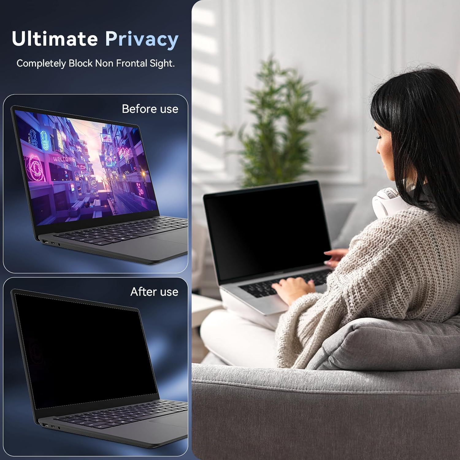 Laptop Privacy Screen 15.6 Inch Aspect 16:9, Removable anti Glare Blue Light Protector Filter, 15.6 in Computer Screen Privacy Shield Compatible with Lenovo Hp Dell Acer Asus Thinkpad Envy Xps image number 2