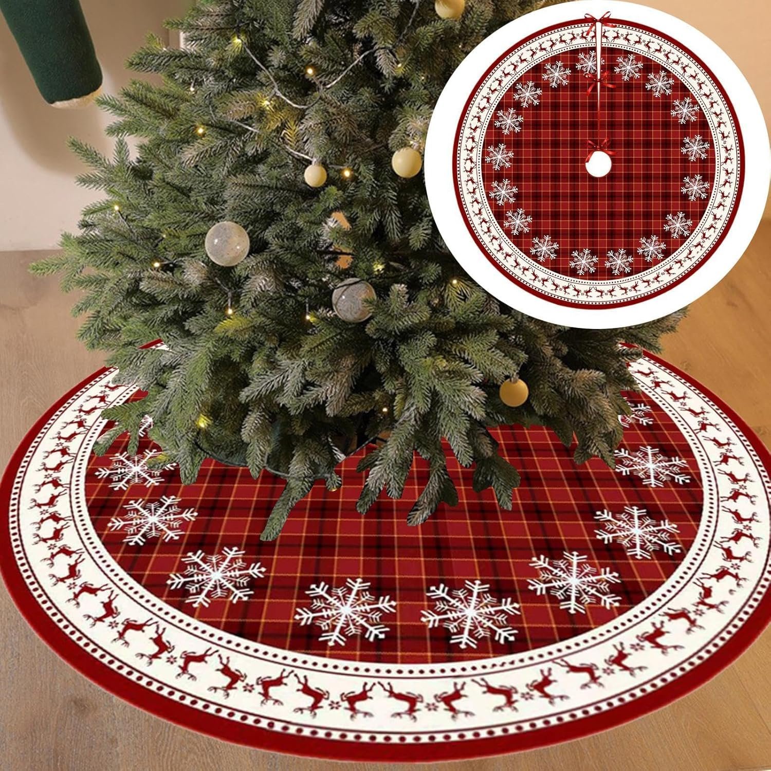 35Inch Christmas Tree Skirt,Winter Holiday Tree Mat Snowflake Elk Decorative Xmas Tree Base Cover Xmas Tree Skirt for Bedroom