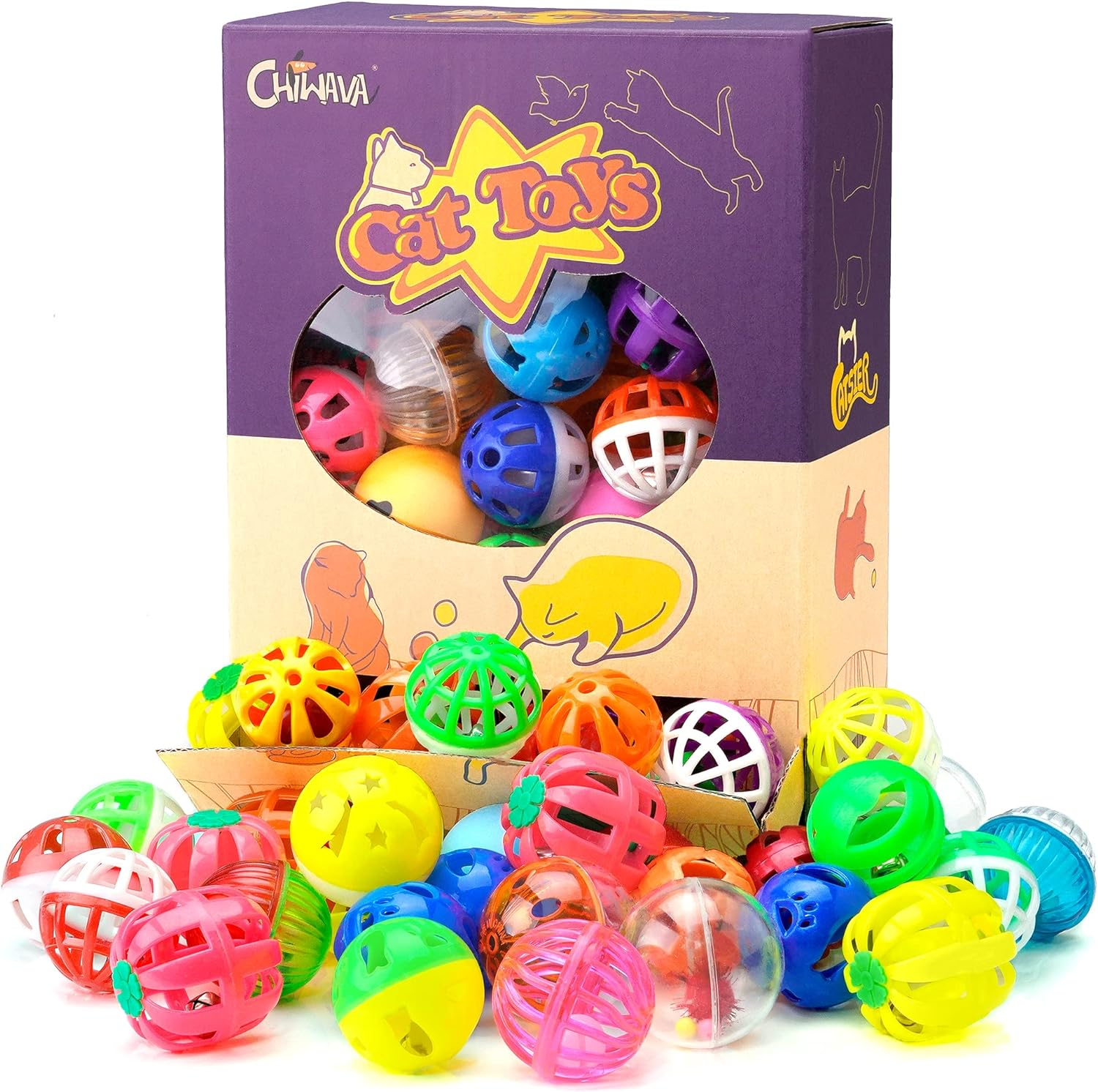 Chiwava 48 Pack Plastic Noisy Cat Toy Balls with Bell Kitten Chase Toy 8 Types Assorted Color Size - Assorted Color image number 2