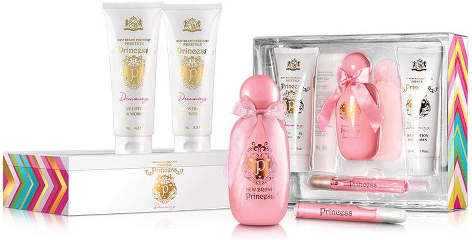 Prestige Princess Dreaming by New Brand for Women - 4 Pc Gift Set 3.3Oz EDP Spray, 0.5Oz EDP Spray, 4.3Oz Shower Gel, 4.3Oz Body Lotion