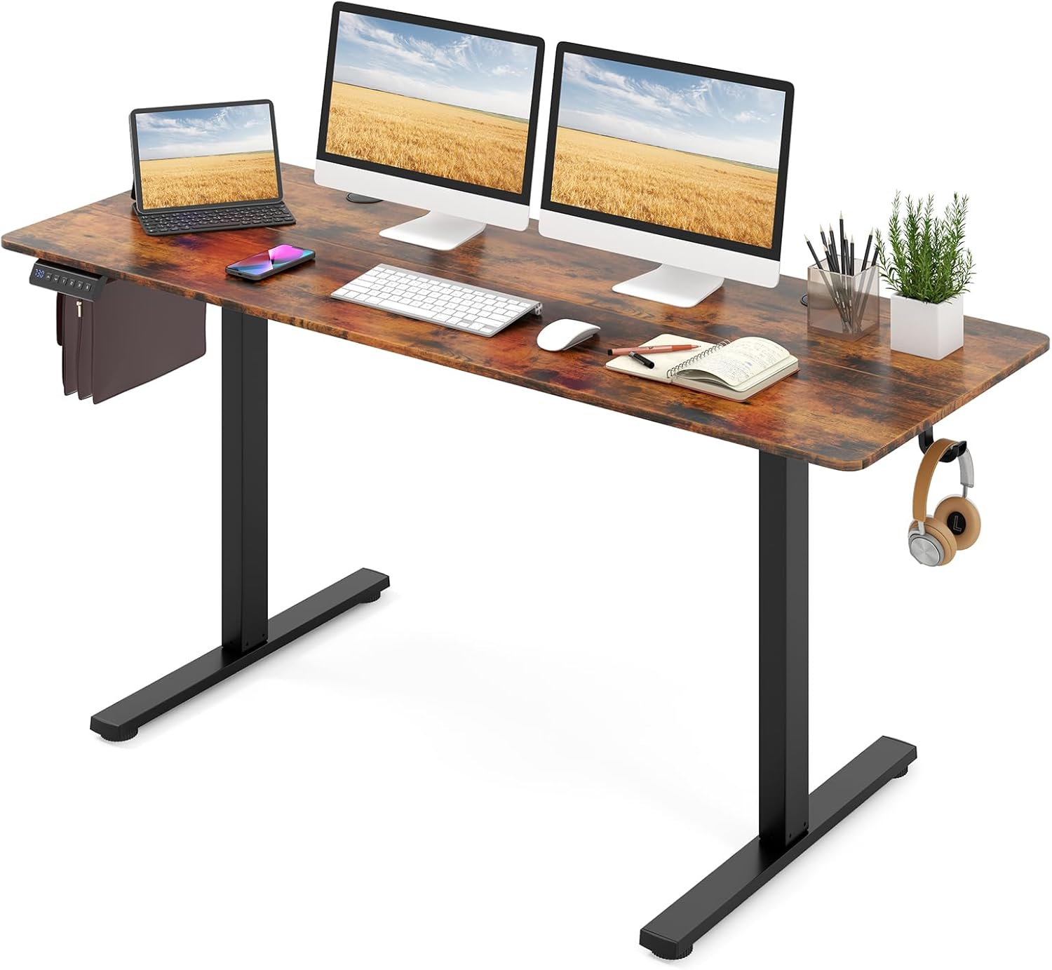 Giantex Electric Standing Desk, 160 X 60 Cm Large Sit Stand Desk W/ 3 Memory Heights, Height Adjustable Computer Desk W/ 2 Hanging Hooks & Cable Holes, Anti-Collision Design, for Home Office (White)