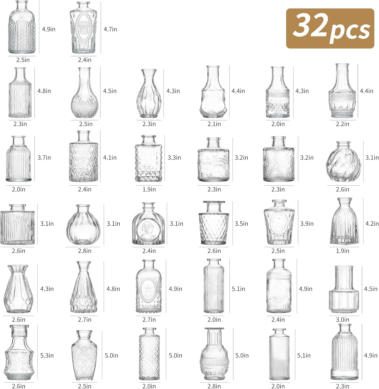 Unbreakable Glass Bud Vase Set of 32 Pcs, Vintage Clear Small Glass Vases for Flowers, Glass Bud Vases in Bulk, Mini Vase for Centerpieces, Wedding, Home Decor and Events image number 2
