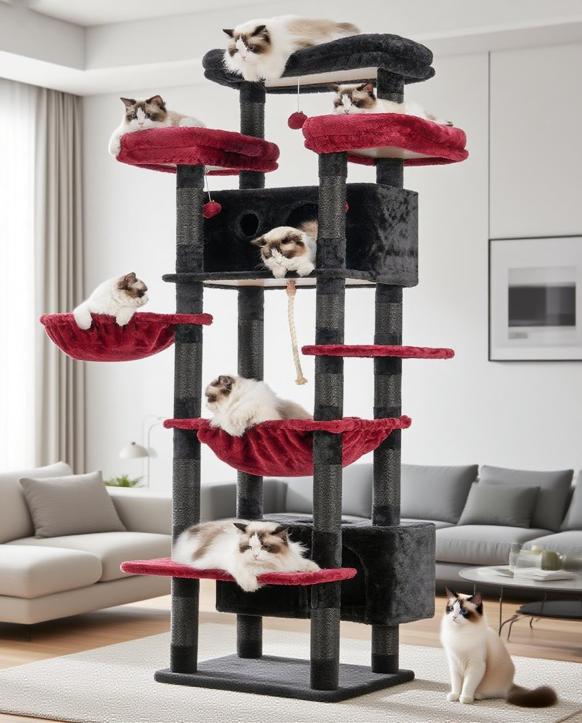 Cat Tree for Indoor Cats Large Adult, 188Cm Cat Tower for with 3 Big Platforms, 2 Baskets, 2 Condos, Multi-Level Cat Scratching Posts, Black and Red GCT030BR
