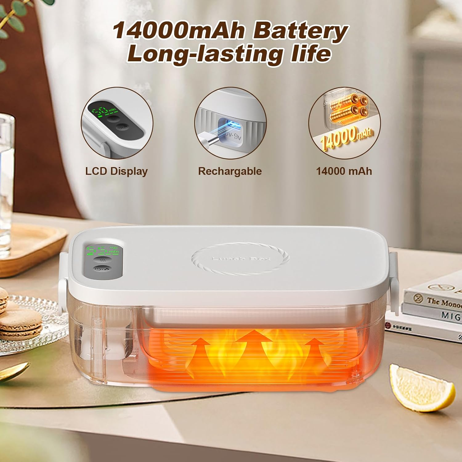 Cordless Electric Lunch Box, Food Heater with 14000Mah Battery, Leaku-Proof 1L Protable Self-Heating Food Warmer for Car, Office, Travel, Picnic & Outdoor, 8 Timer
