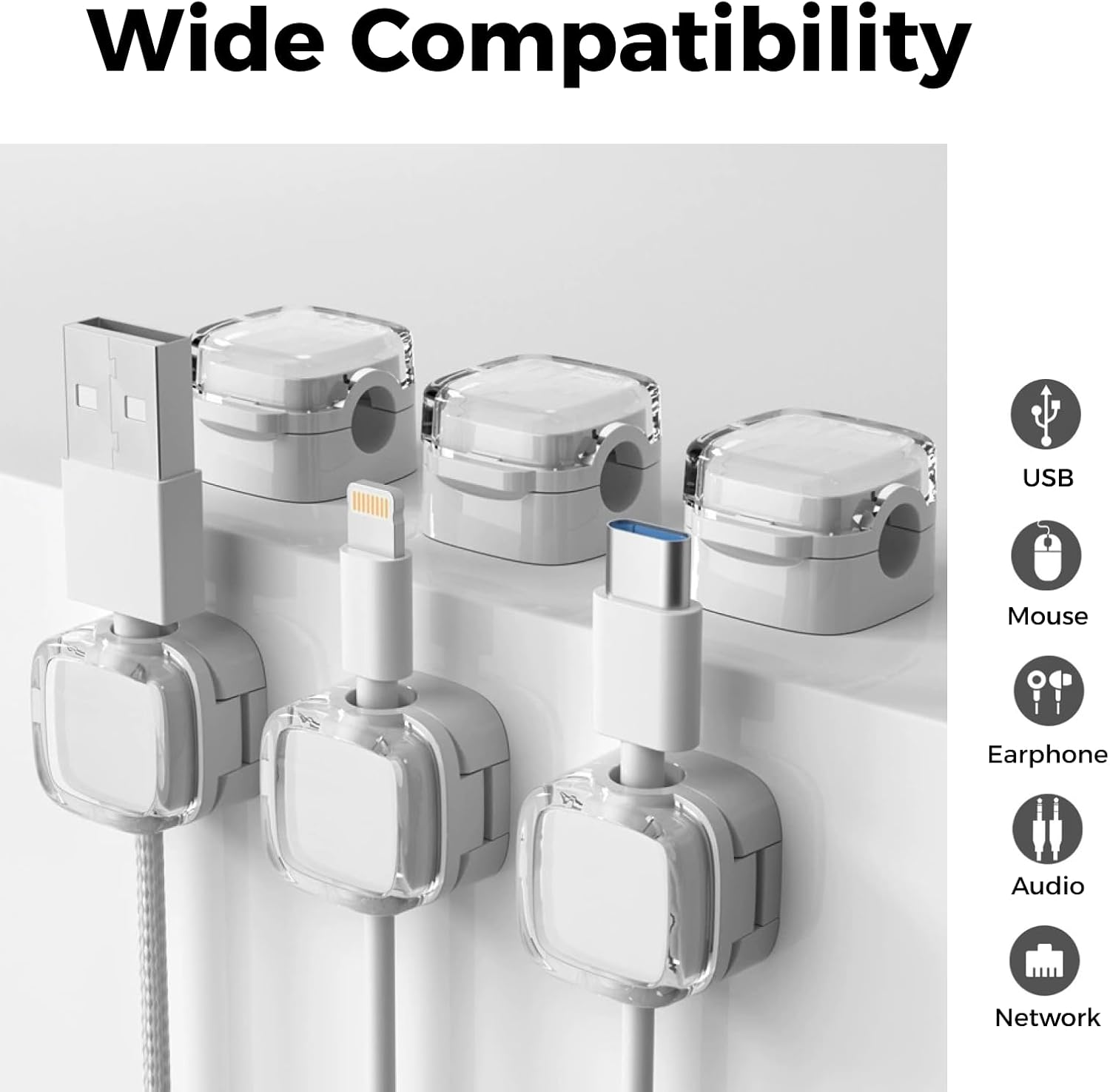 6-Pack White Magnetic Cable Clips Organizer, Adhesive Cord Holder Wire Management System for Desk, Office, Home, Car, Universal Compatibility with USB, HDMI, Power Cables image number 5
