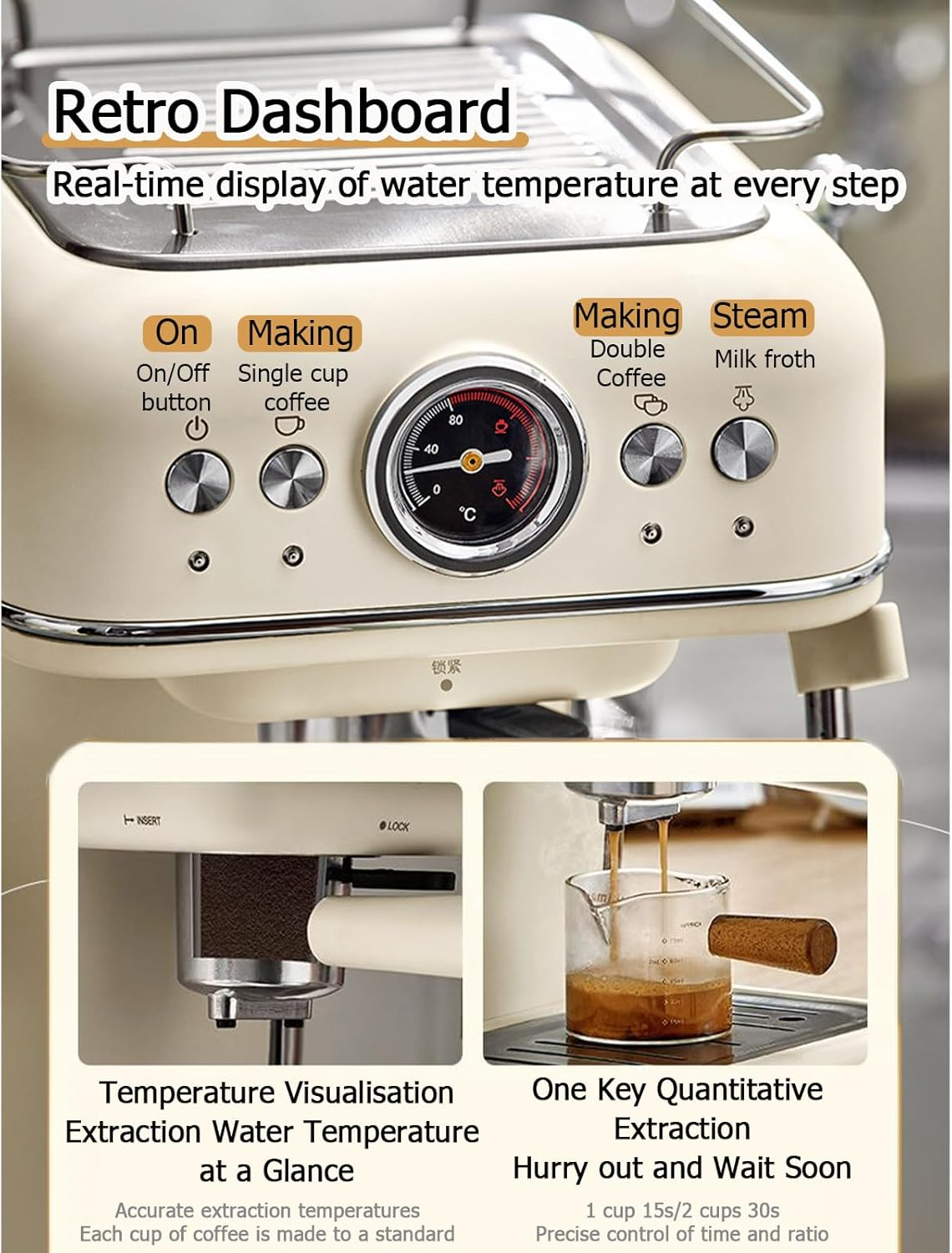 Bear Coffee Machine, 20Bar Italian Pump Barista Espresso, Latte & Cappuccino Coffee Maker, 1.2L Water Tank, Manual Adjustable Milk Frother, 2 Espresso at Once, Compact