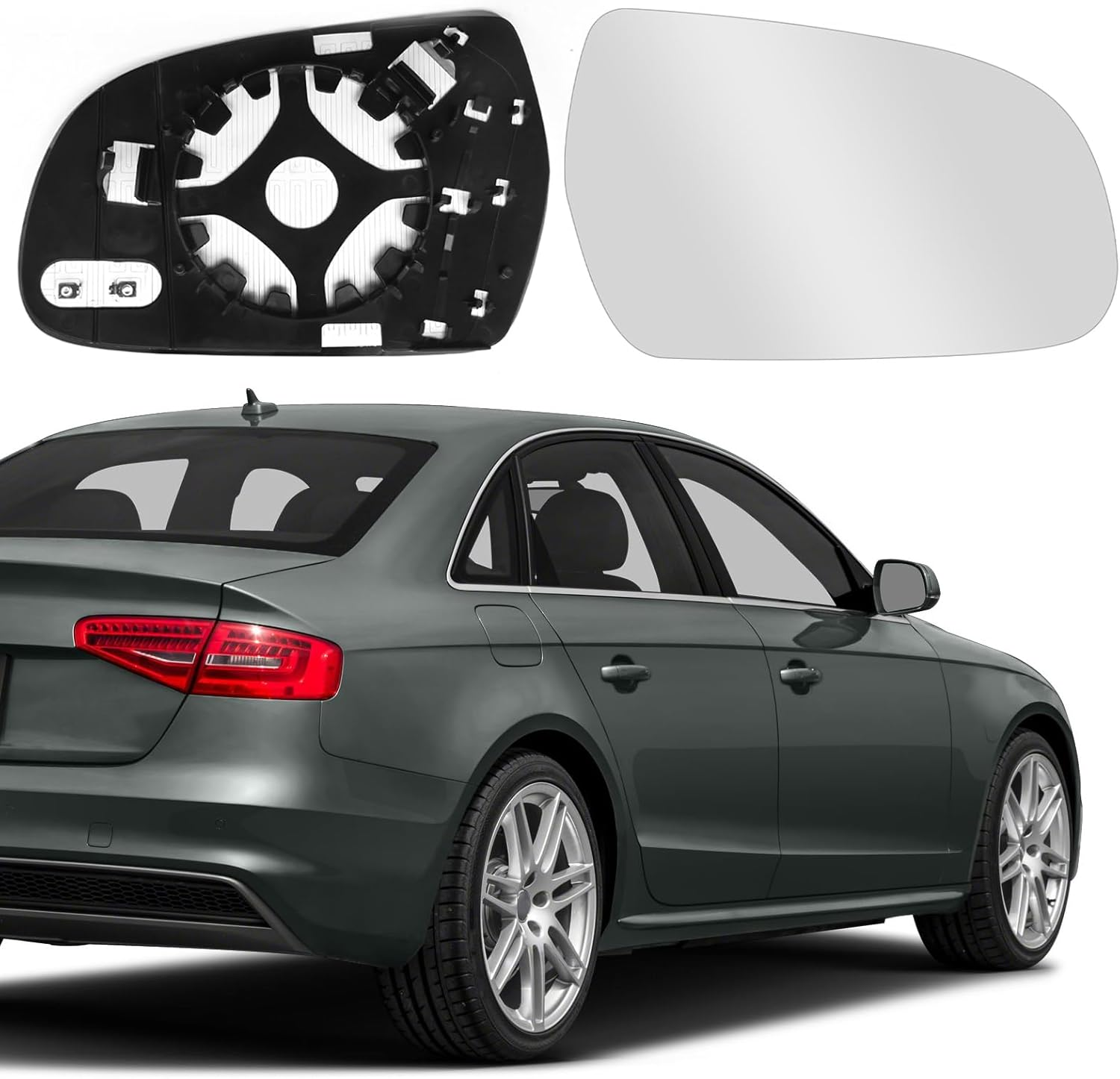 Front Right Driver Side Heated Wing Mirror Glass with Backing Plate, Rearview Wing Door Mirror Glass Heated Replacement for Audi A4 2010 2011 2012 2013 2014 2015 RHD