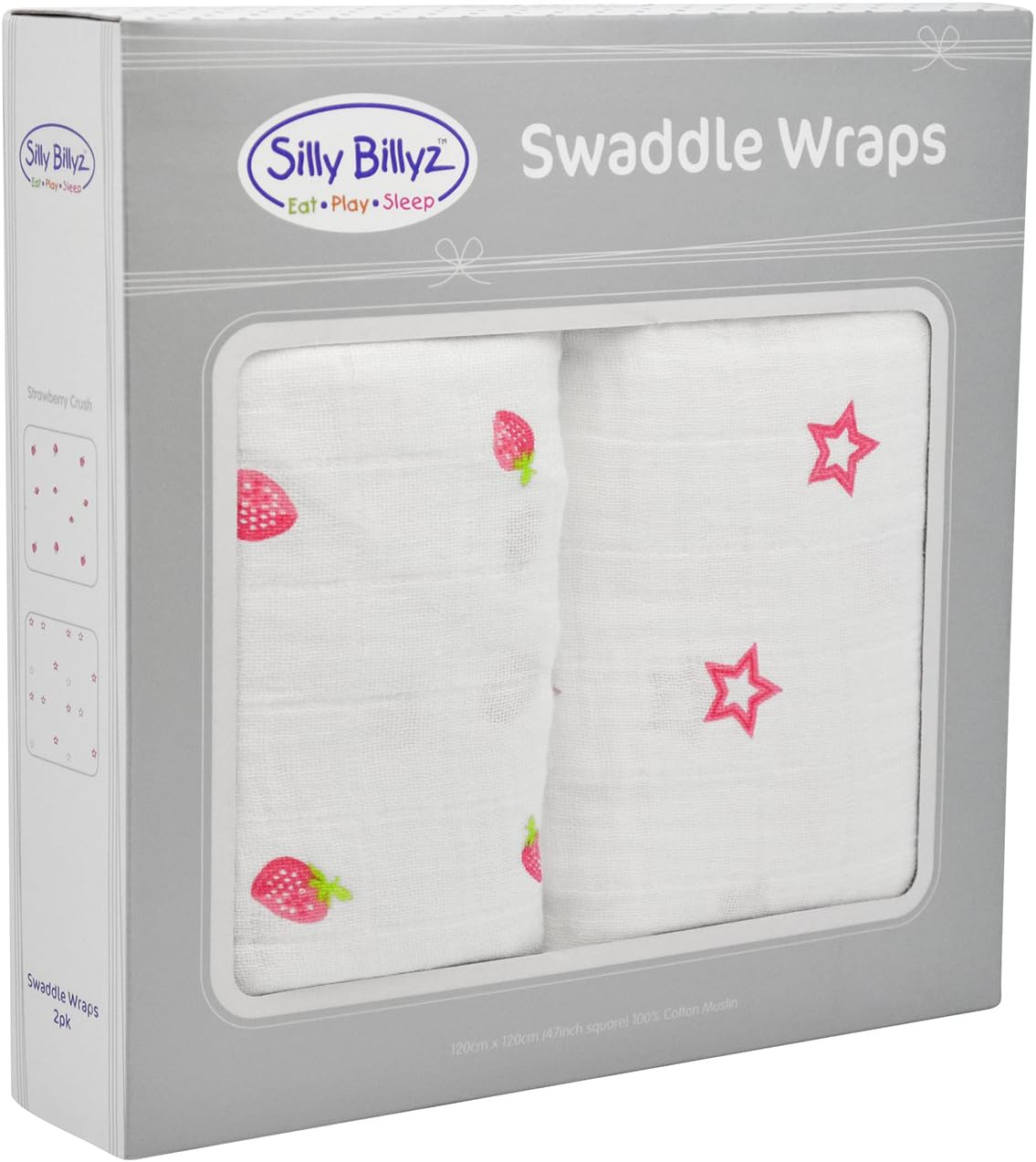 SILLY BILLYZ Muslin Swaddle Wrap, Strawberry Crush, White (Pack of 2) image number 2