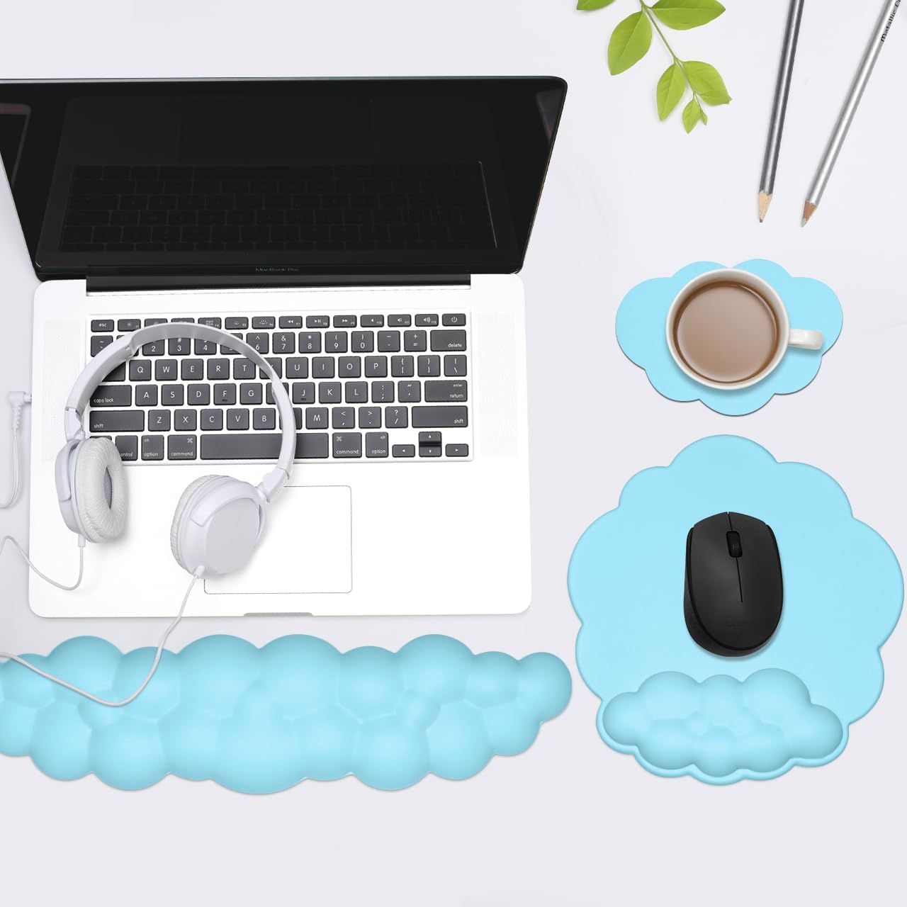 JIKIOU Cloud Mouse Pad Wrist Support, Upgrade Enlarge Leather Mouse Pads Keyboard Wrist Rest, Comfortable Memory Foam Wrist Rest for Computer Laptop Mac Gaming Office and Pain Relief Blue