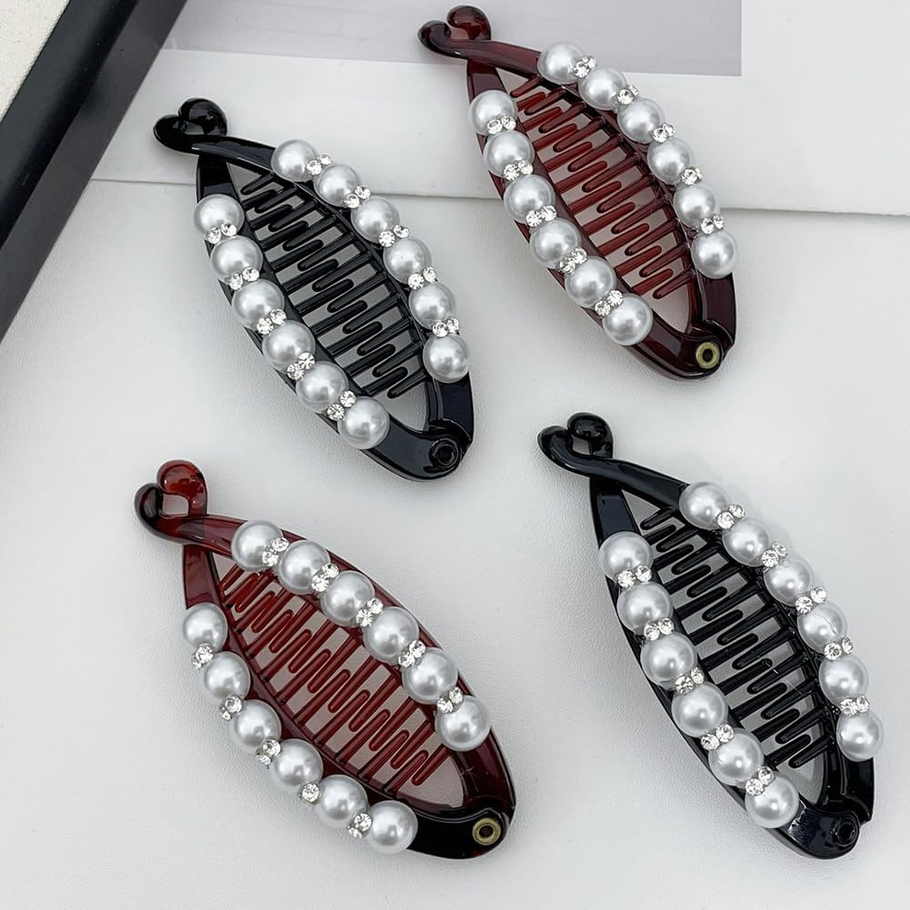Faux Pearl Banana Clips Hair Clincher Combs Fishtail Hair Claw Clips Grips Clamp Fish Shape Barrette Ponytail Holder Clip Hair Accessories for Women 4 Pcs