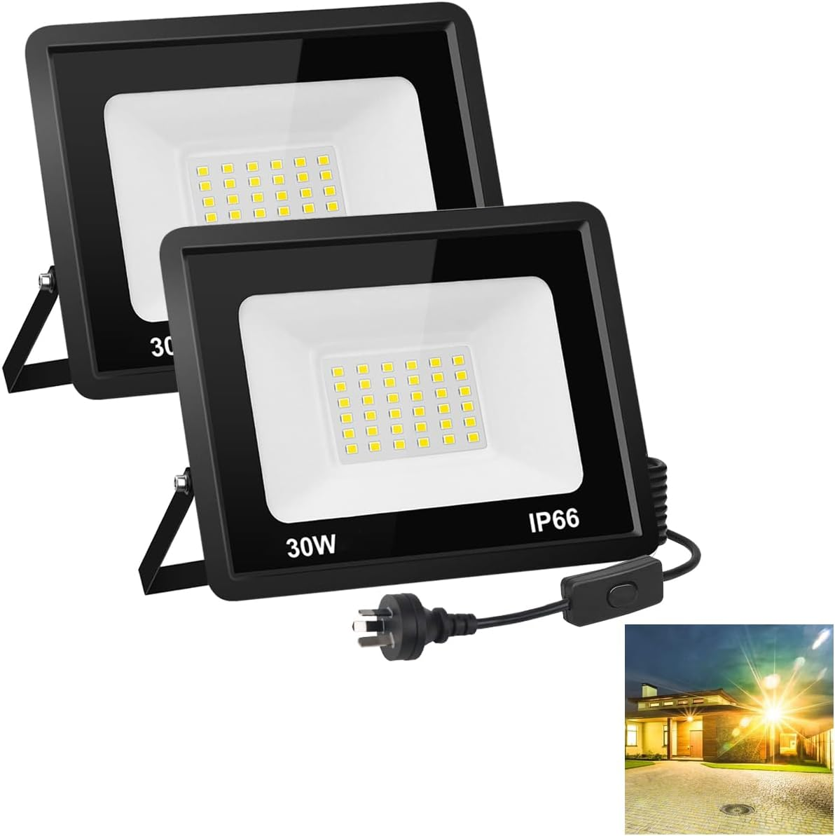 2 Pack 100W LED Flood Light Outdoor, 9000Lm LED Work Light, Floodlight with Plug On/Off Switch, 3200K Warm White Security Light for Yard Garden Stadium Garage Playground