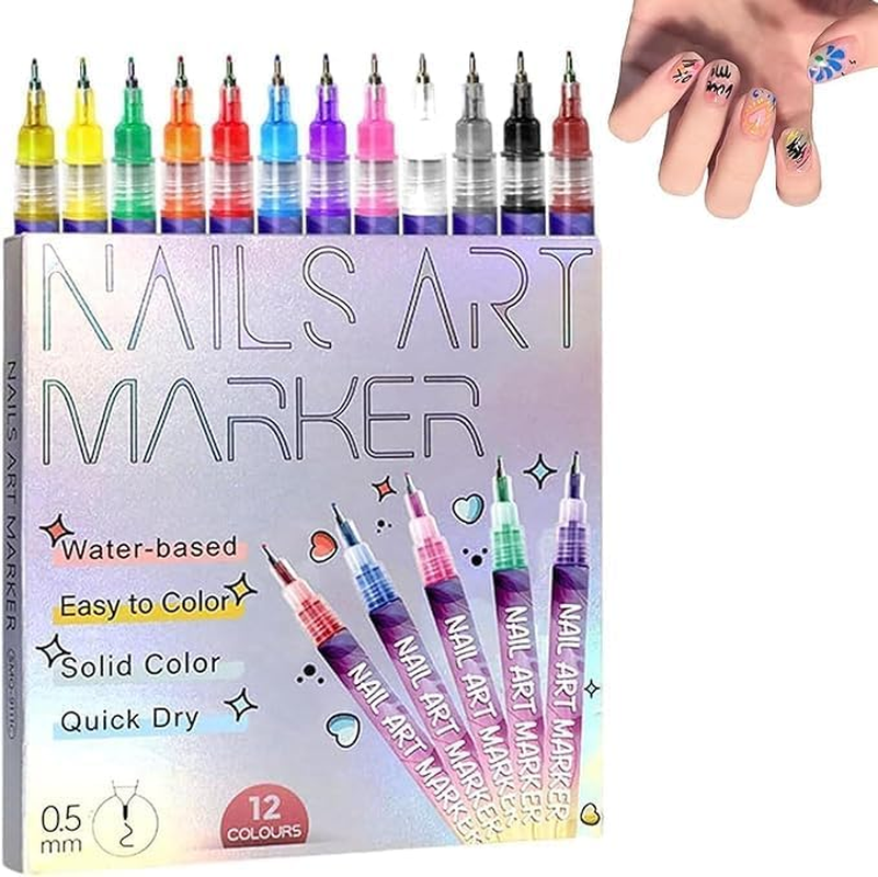Afeamo Nail Art Markers Fine Tip, 12 Colors Nail Art Pens Set,Entiretotal 12 Colors Nail Art Pens Set,Quick Dry Nail Pens, Drawing Painting Liner Pen 3D Nail Polish Pens Quickly Dry Nail Art Nail DIY Decoration
