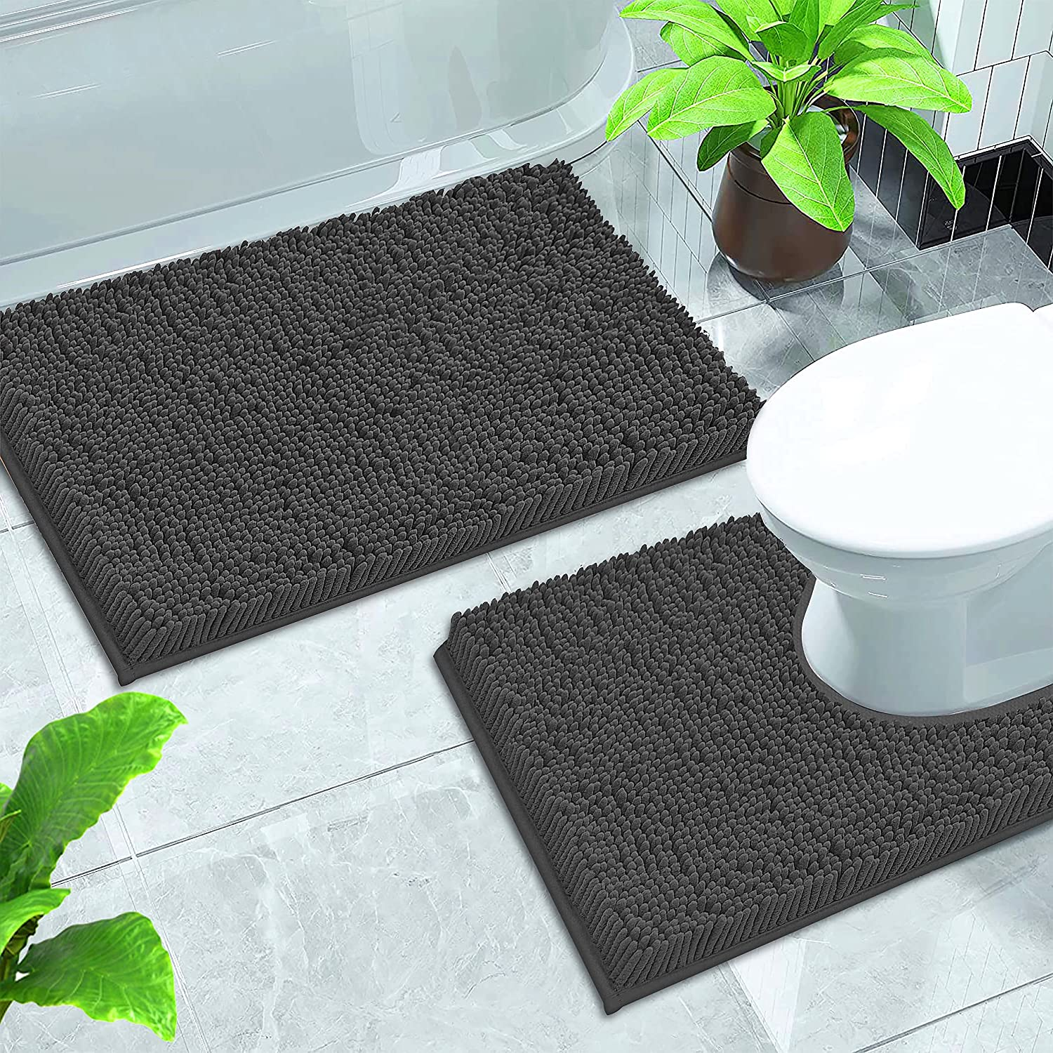 Bath Mat, GVTECH Chenille Non-Slip Back 50 X 80 CM Fleece Softness, Highly Absorbent, Bathroom Carpet, Super Soft Microfiber Bath Rug, Rectangle, Easy to Clean Mat (Grey)
