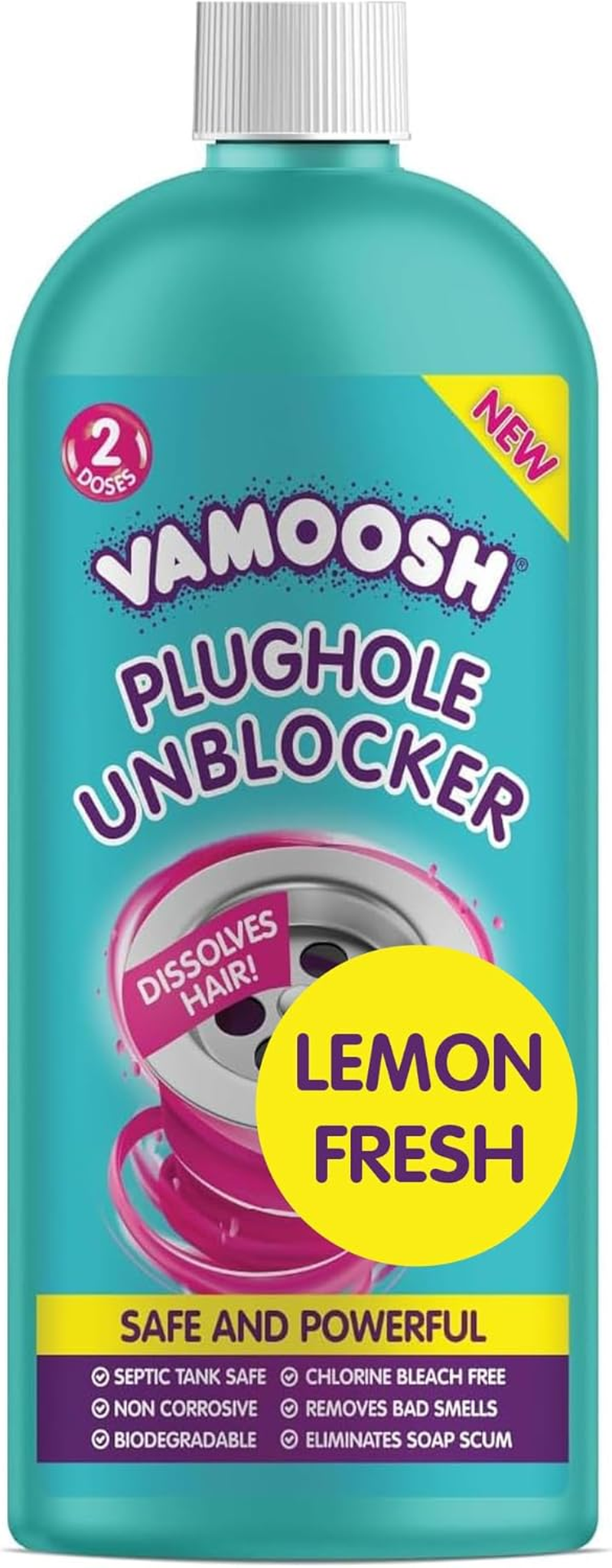 Vamoosh Plughole Unblocker, Drain Unblocker Bathroom - Dissolves Hair, Bleach-Free Bathroom Sink Unblocker, Septic Tank Safe, Fast Acting, Safe & Powerful - 2 Doses (600Ml) image number 4