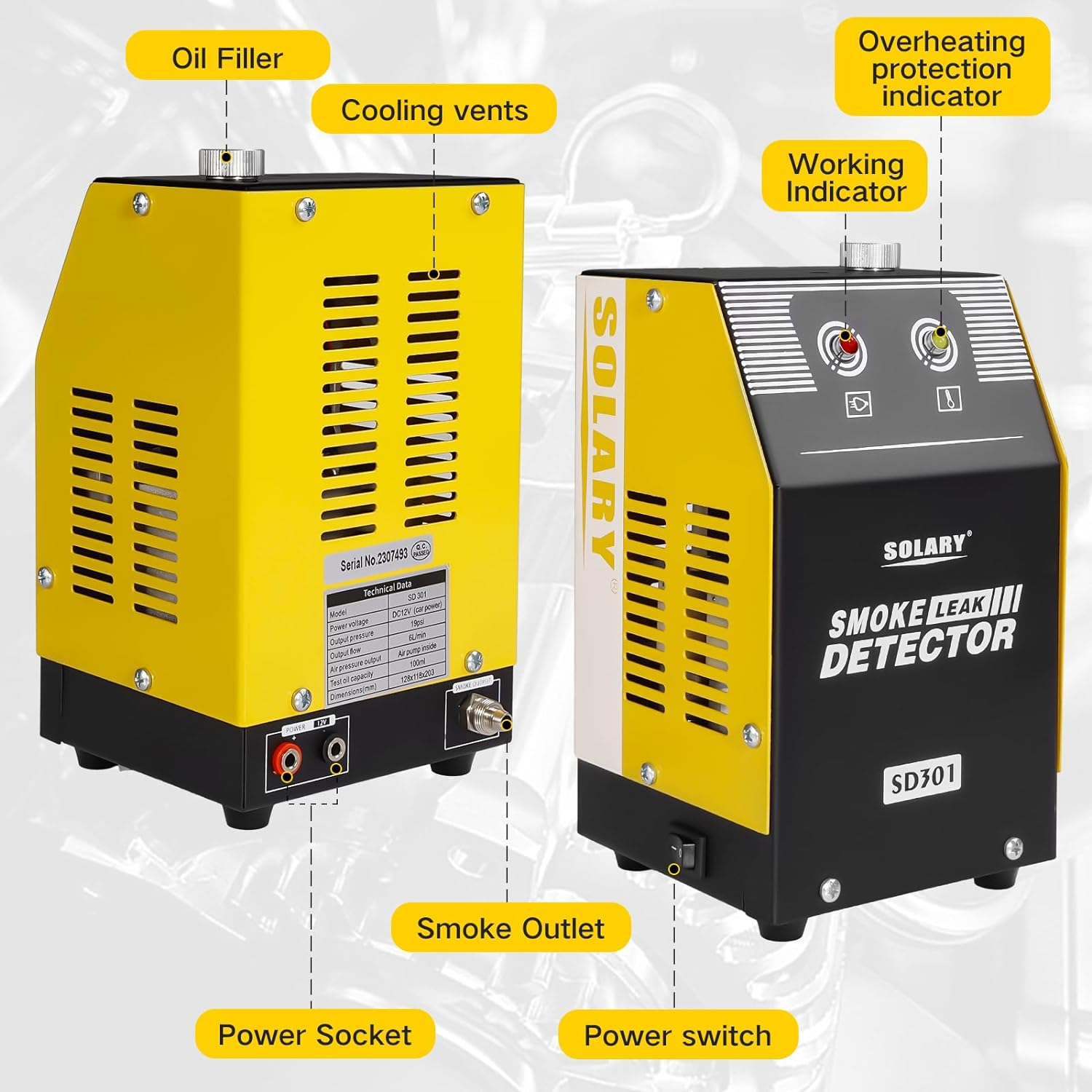 SOLARY Smoke Machine Automotive - DC12V EVAP Smoke Machine Leak Tester for Motorcycle/Car/Truck, Yellow image number 5