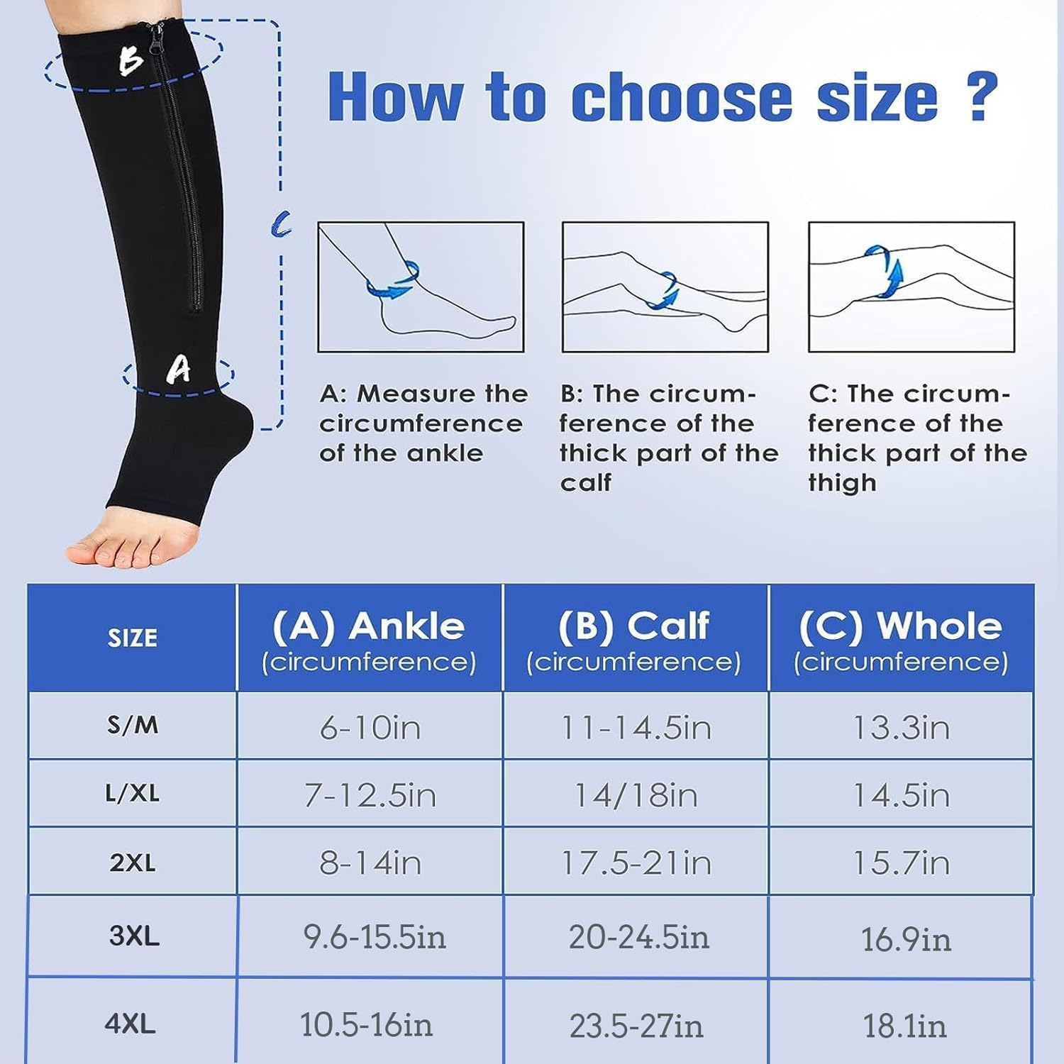 Zipper Compression Socks-2Pairs Calf Knee High Open Toe Compression Stocking image number 2