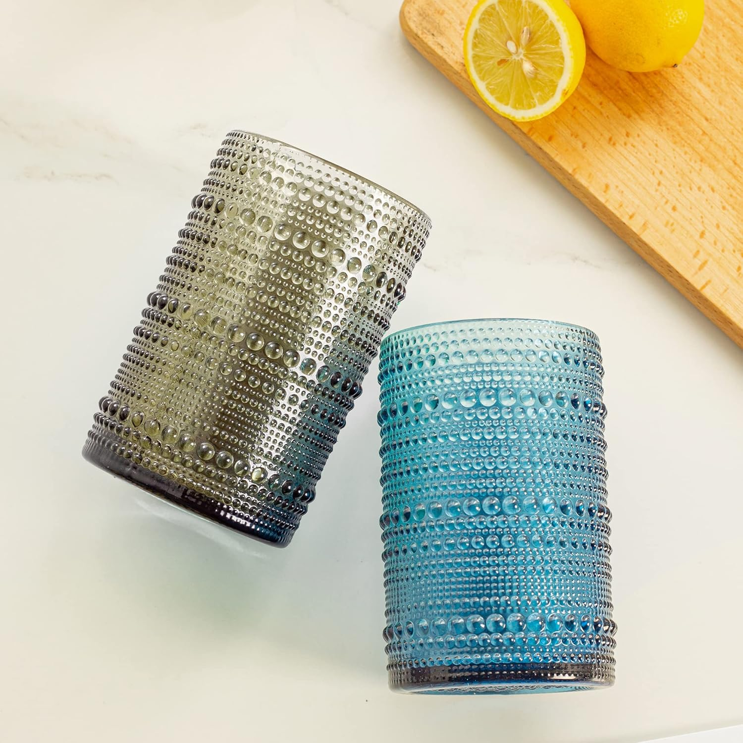 POLIDREAM 450Ml Colored Hobnail Drinking Glasses Set of 4, Vintage Glassware Set, Embossed Beaded Glass Cups, Water Tumbler for Cocktail, Juice and Various - Dishwasher Safe（Does Not Fade） image number 1