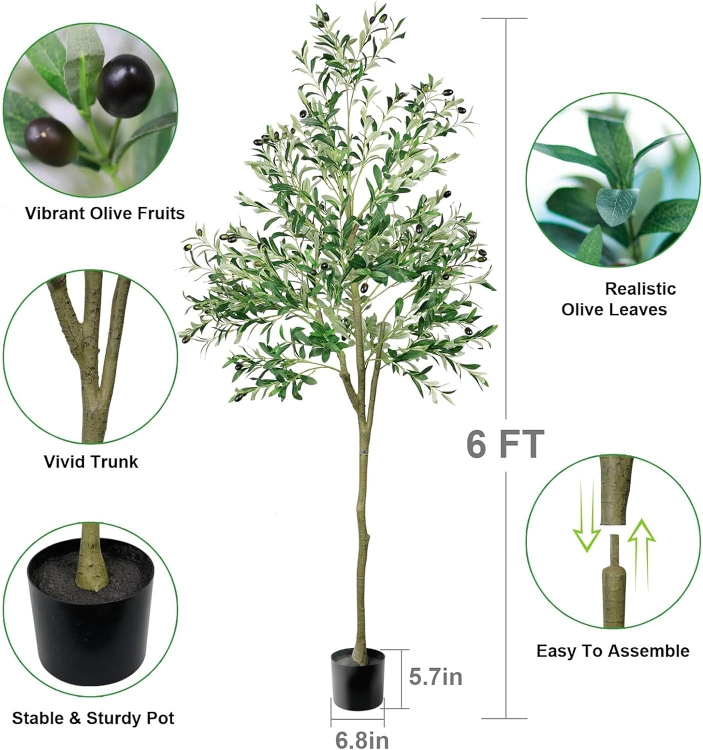 6FT Artificial Olive Tree, Faux Fake Plant for Office Home Living Room Indoor Outdoor Decor, Realistic Olive Silk Tree with Lifelike Leaves and Olive Fruits, 180Cm Modern Floor Decoration image number 5