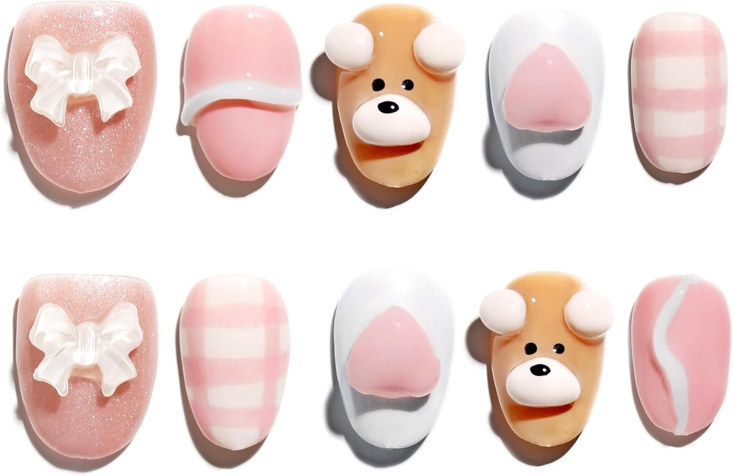 Sun&Beam Nails Handcrafted Short round Press-On Nails in Brown White and Pink 3D Glitter Bear Design with Adhesive Pads 10 Pieces (#167 L)