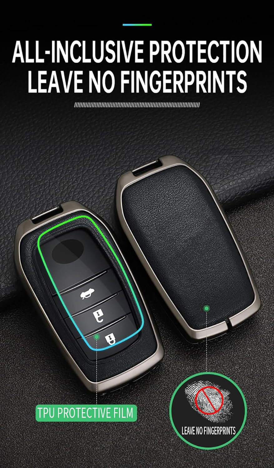 Ontto Alloy Car Key Fob Cover Fit for Toyota Land Cruiser 200 300 Prado Crown Yaris Cross Hilux Innova Fortuner Camry Leather Key Case Shell Key Holder Keyring Keychain Accessories Silver-Black image number 4