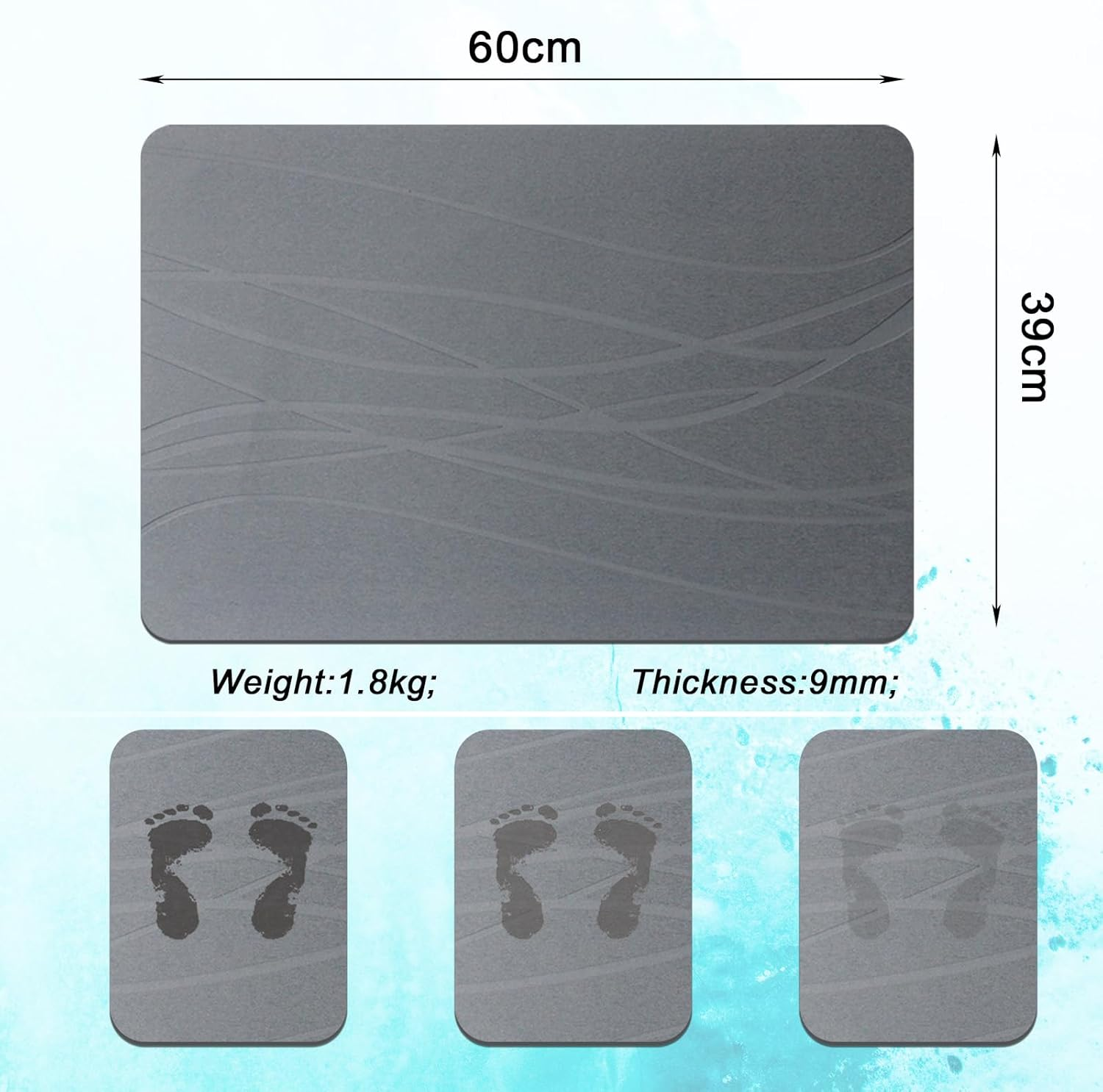 Enkis - Stone Bath Mat, Natural Diatomaceous Quick Drying Mat, 39 * 60CM Non-Slip Super Absorbent Quick Drying Diatomite Mat for Bathroom Shower Floor & Kitchen Counter (Sculptural Lines-Dark Grey) - Sculptural Lines-Dark Grey image number 2