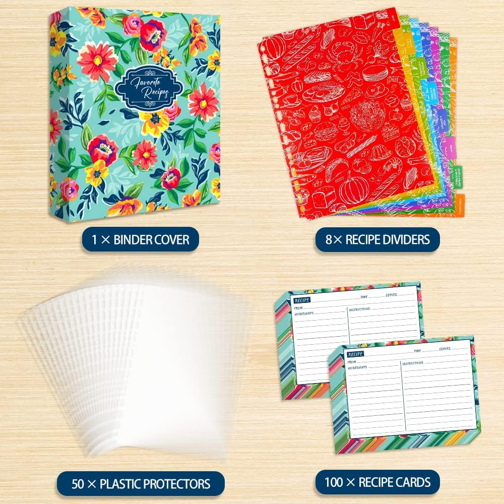 Recipe Binder, 8.5 X 11 Inch 3 Ring Recipe Binder Kit with 50 Plastic Sleeves Protectors, 100 Packs 5X7 Inch Recipe Cards & 8 Category Divider Tabs, Organizer Set Watercolor Floral in Blue Design (XL)