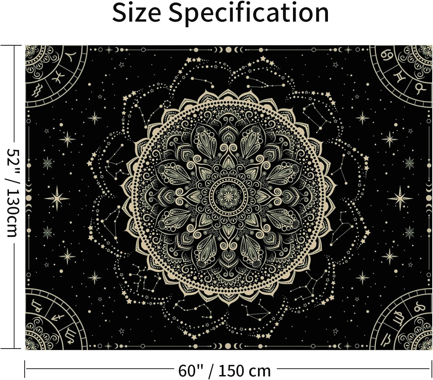 Black Golden Mandala Tapestry Astrology Wall Hanging Wall Tapestry Aesthetic Hippie Wall Decor Bohemian Wall Art Boho Home Decoration for Bedroom,Living Room,Dorm image number 3
