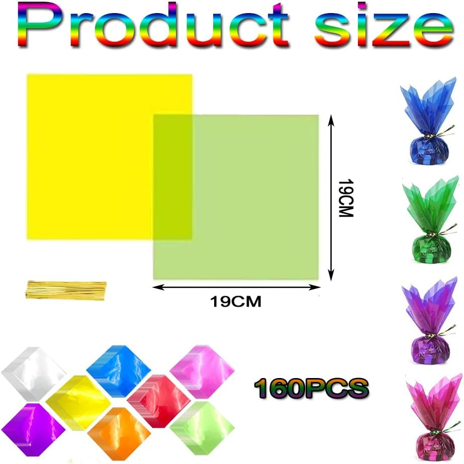 160Pcs Colorful Cellophane Sheets &ndash; 8 Vibrant Colors, 7.5X7.5 Inch Transparent Plastic Wrap for DIY Crafts, Gift Wrapping, Christmas & Valentine Decorations image number 2