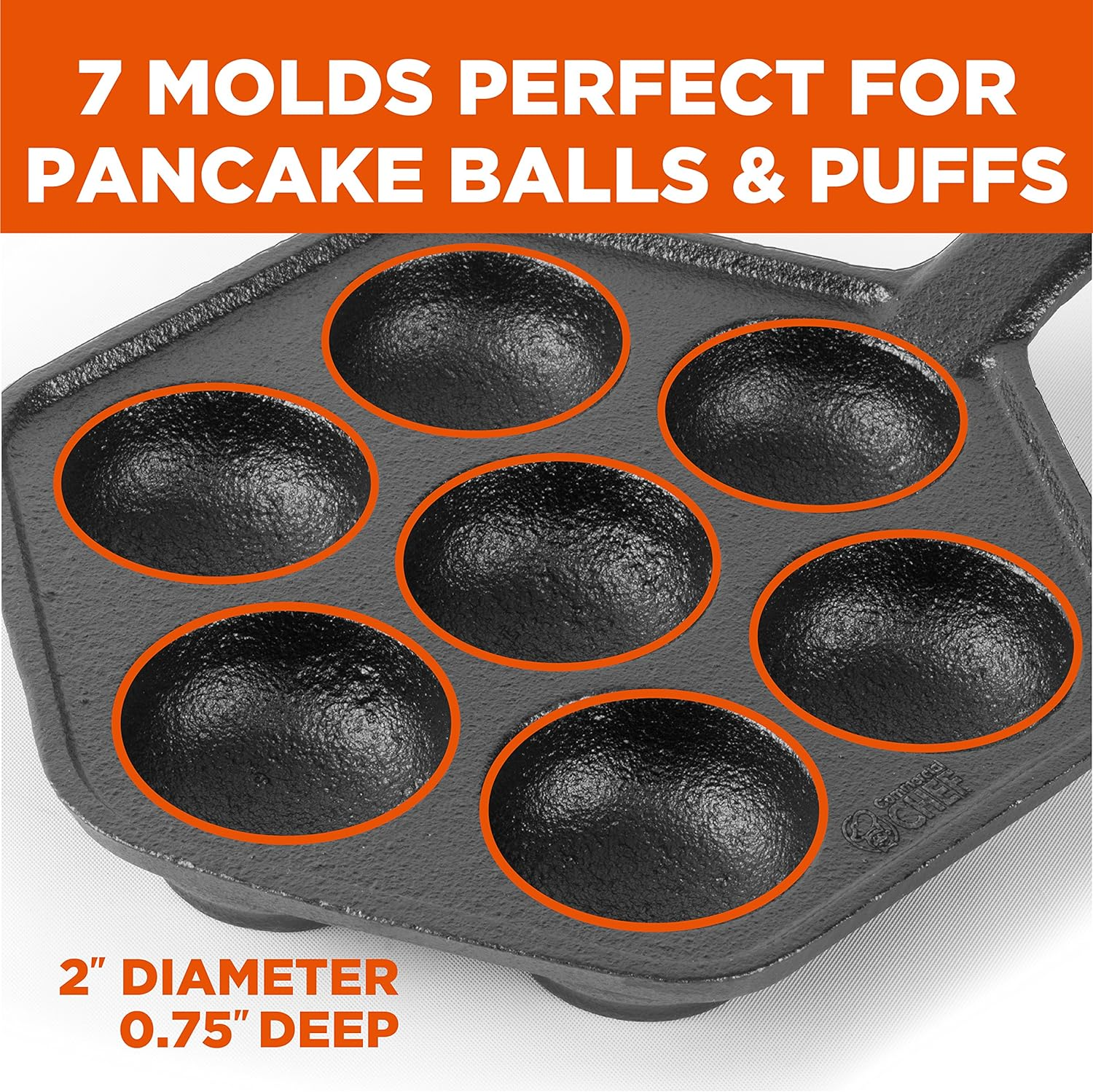 Cast Iron Danish Aebleskiver Pan, Preseasoned Cast Iron Cookware for Pancake Puffs, Makes 7 Pancake Balls by Commercial Chef image number 6