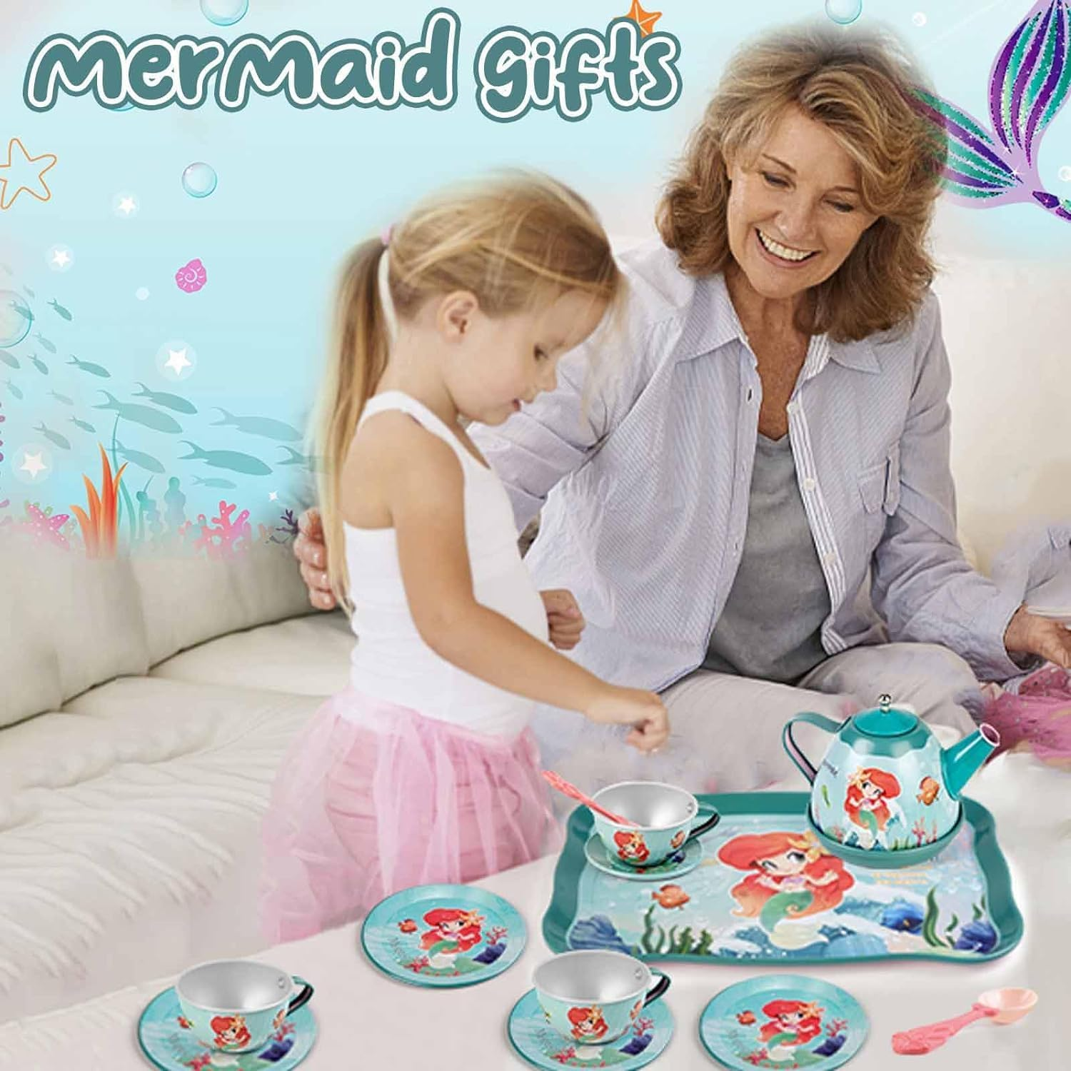 Mermaid Tea Party Set for Little Girls, Kids Party Set Toys for 3-6 Year Olds, Pretend Toy Tin Tea Set & Carrying Case, Princess Tea Time Kitchen Play Toys, Birthday Gifts image number 5