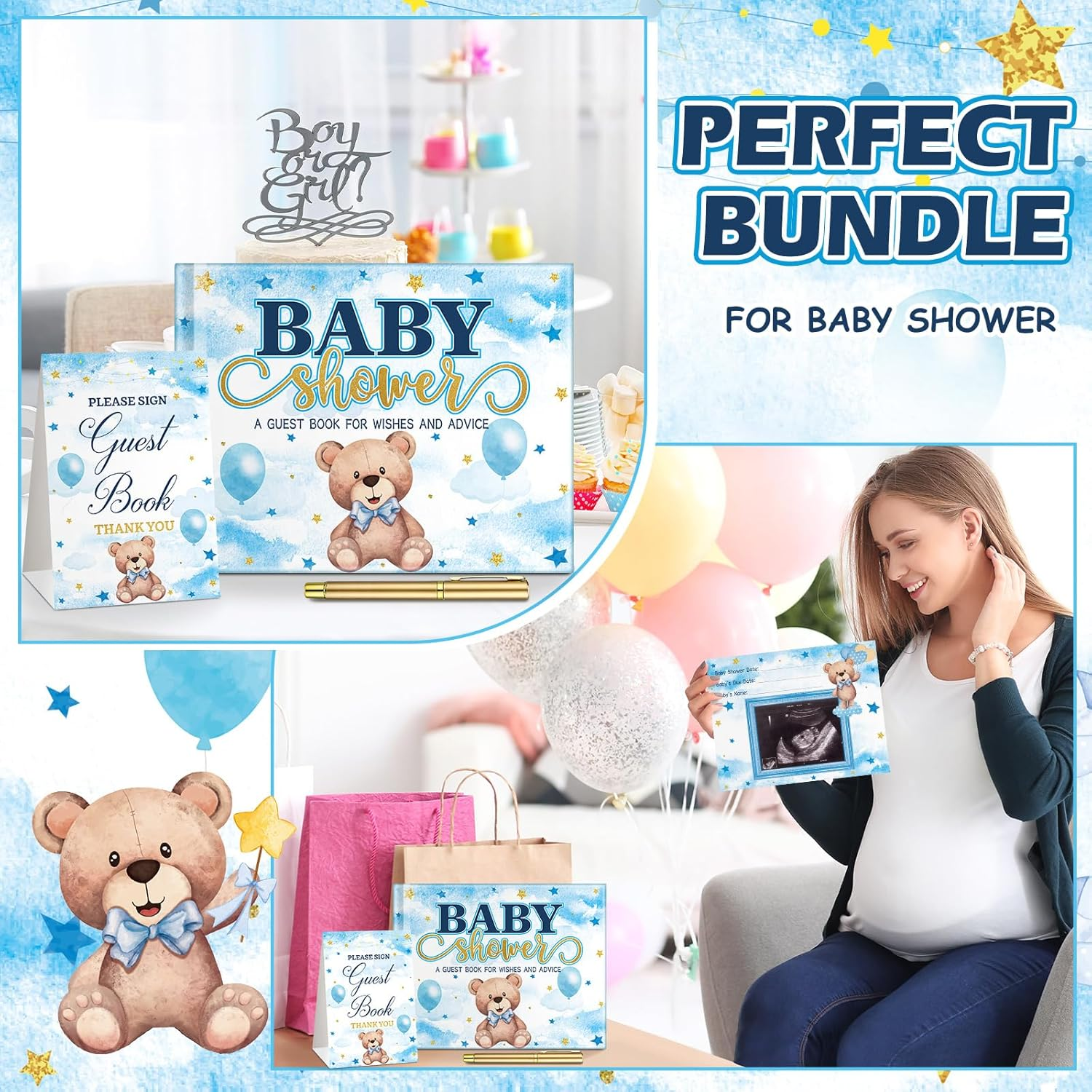 Blue Bear Baby Shower Guest Book Baby Shower Sign in Guest Book Reception with Baby Sonogram Page Keepsake Includes Gold Pen Table Card and Adhesive Photo Corner for Birthday (Little Bear) image number 2