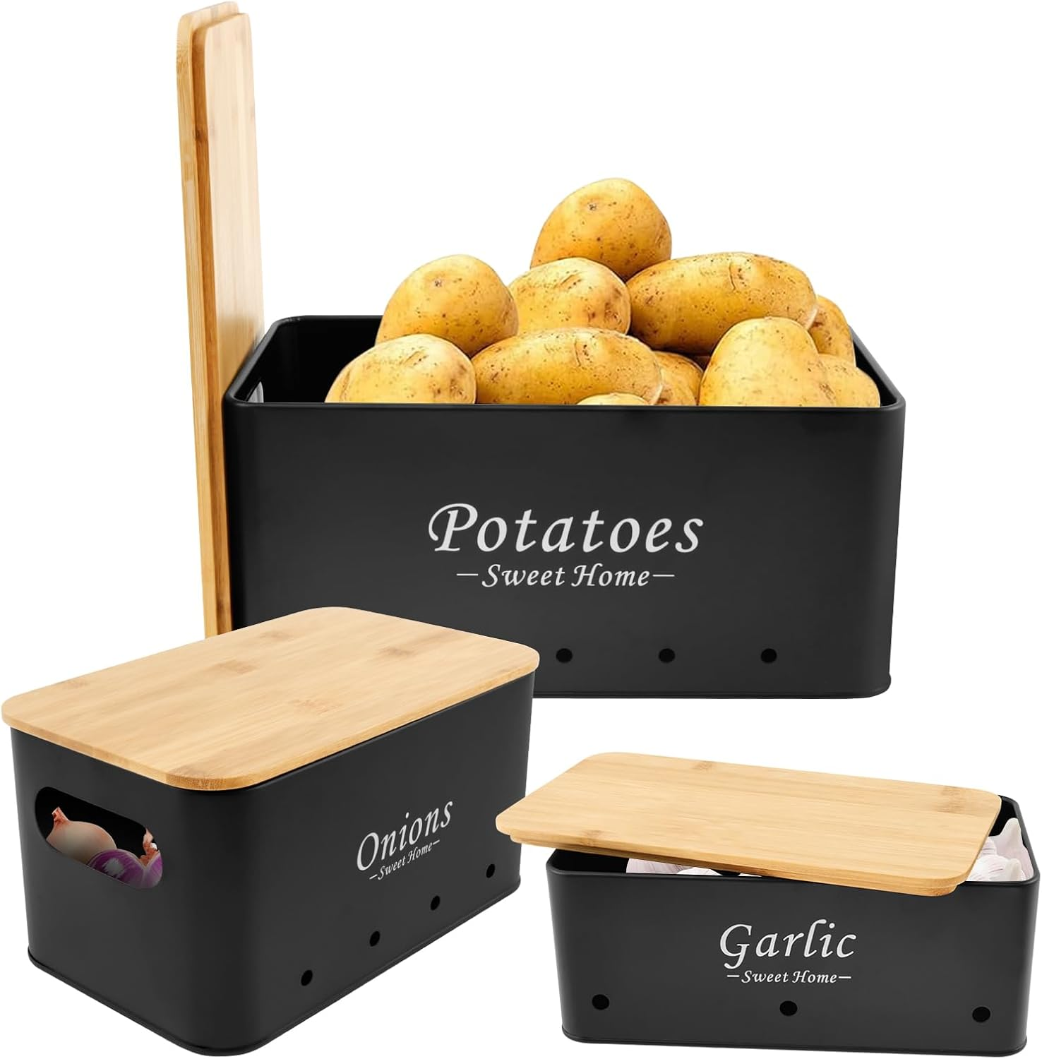 3 Pcs Potato and Onion Garlic Storage Bin, Kitchen Vegetable Storage Containers, Potato Onion Garlic Jars with Vent Hole, Carbon Steel Onion Storage Bin, Onion Garlic Storage Box Set (White)