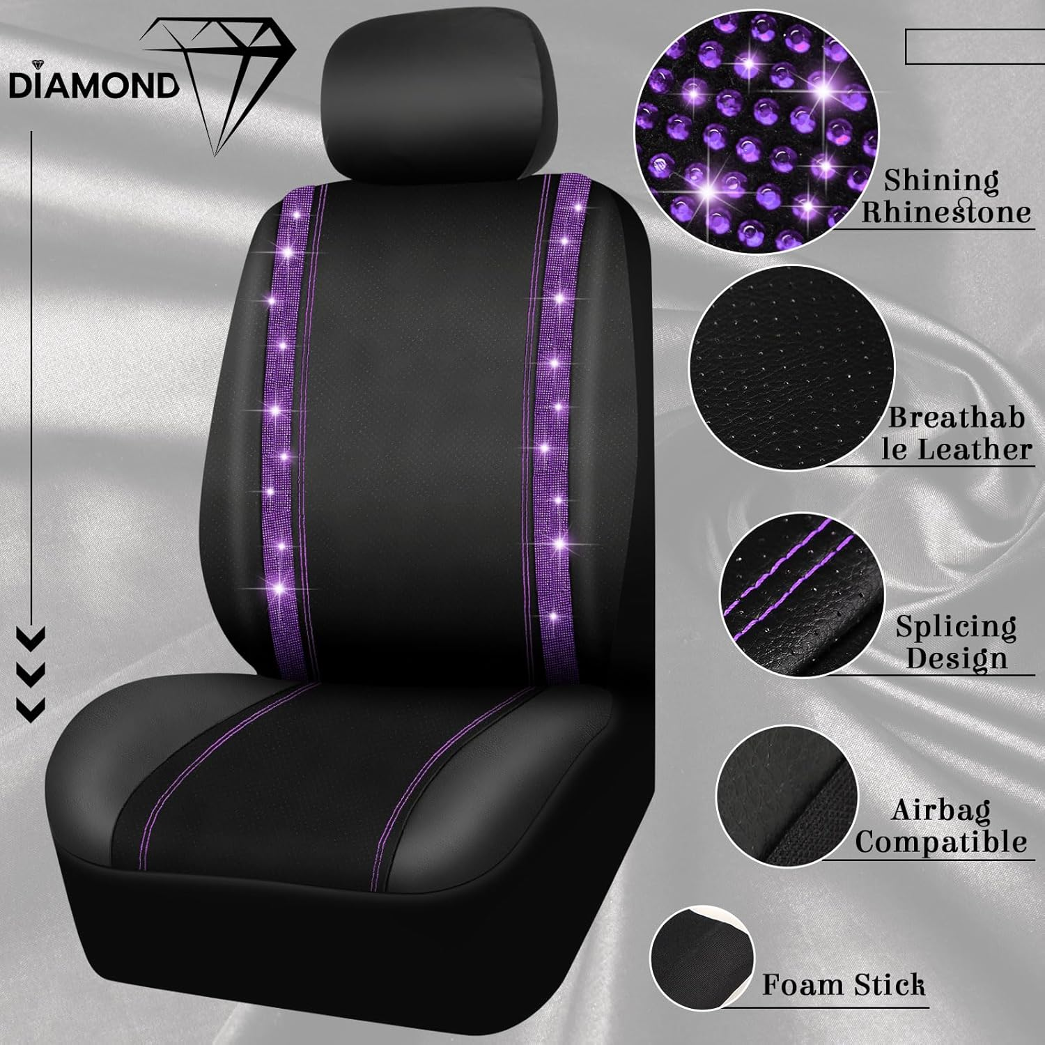 Bling Car Seat Covers Set Car Diamond Accessories with Shiny Bling Car Seat Covers Bling Steering Wheel Cover Seat Belt Pads Glove Glitter Center Pad Cup Drill Rings Universal (Purple, Front Seat) image number 1