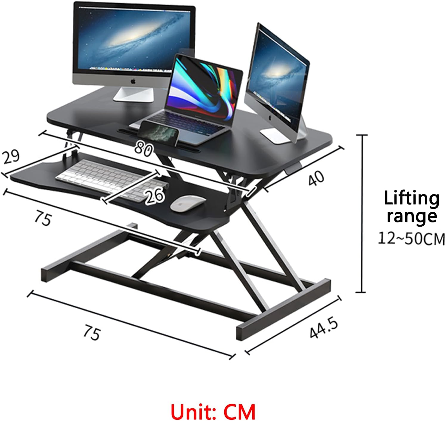 81Cm Height Adjustable Stand up Desk Converter, Sit to Stand Dual Monitor and Laptop Workstation with Wide Keyboard Tray for Office Home image number 6