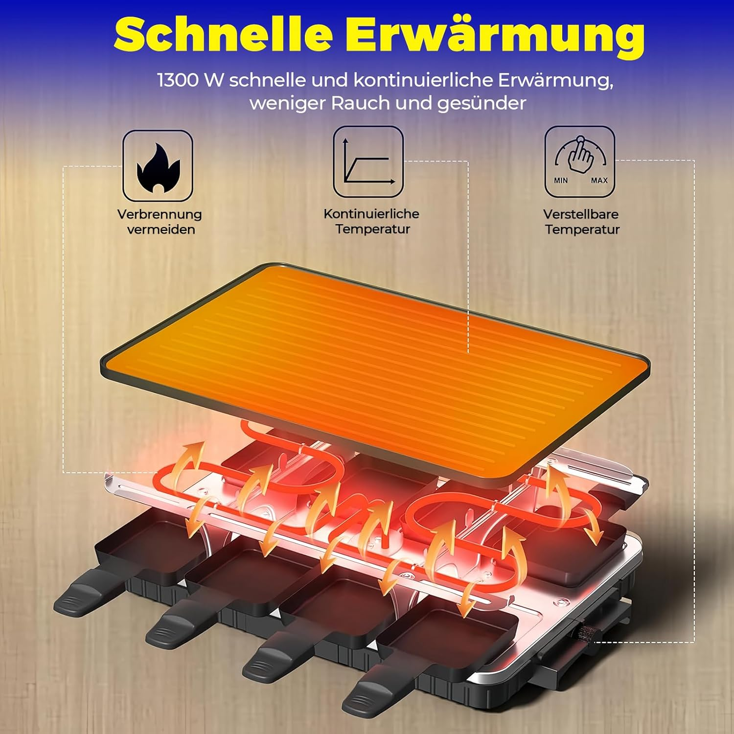 Leukoles Reversible Raclette Grill, Raclette for 8 Persons, 1300W Non-Stick Electric Grill with 8 Mini Raclette Cheese Pans & 1 Wooden Spatula, for Indoor Barbecuing in the Family image number 3