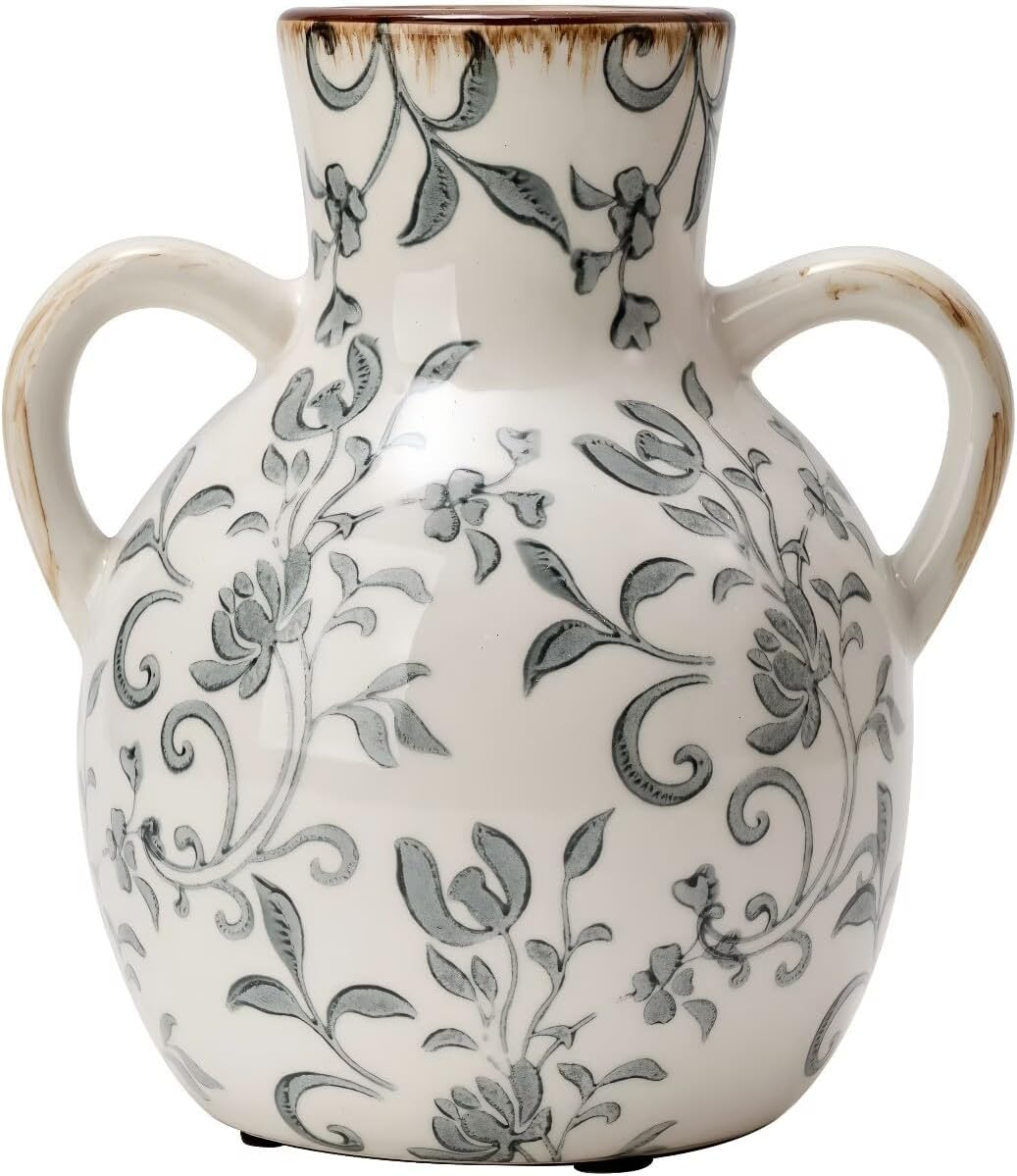 SIDUCAL Rustic Ceramic Farmhouse Flower Vase with 1 Handle-Height 8.43" Terracotta Vase, Unique Textured Pottery Flower Vases for Home Decor, Table, Wedding, Living Room, Shelf Decor, Bronze Black