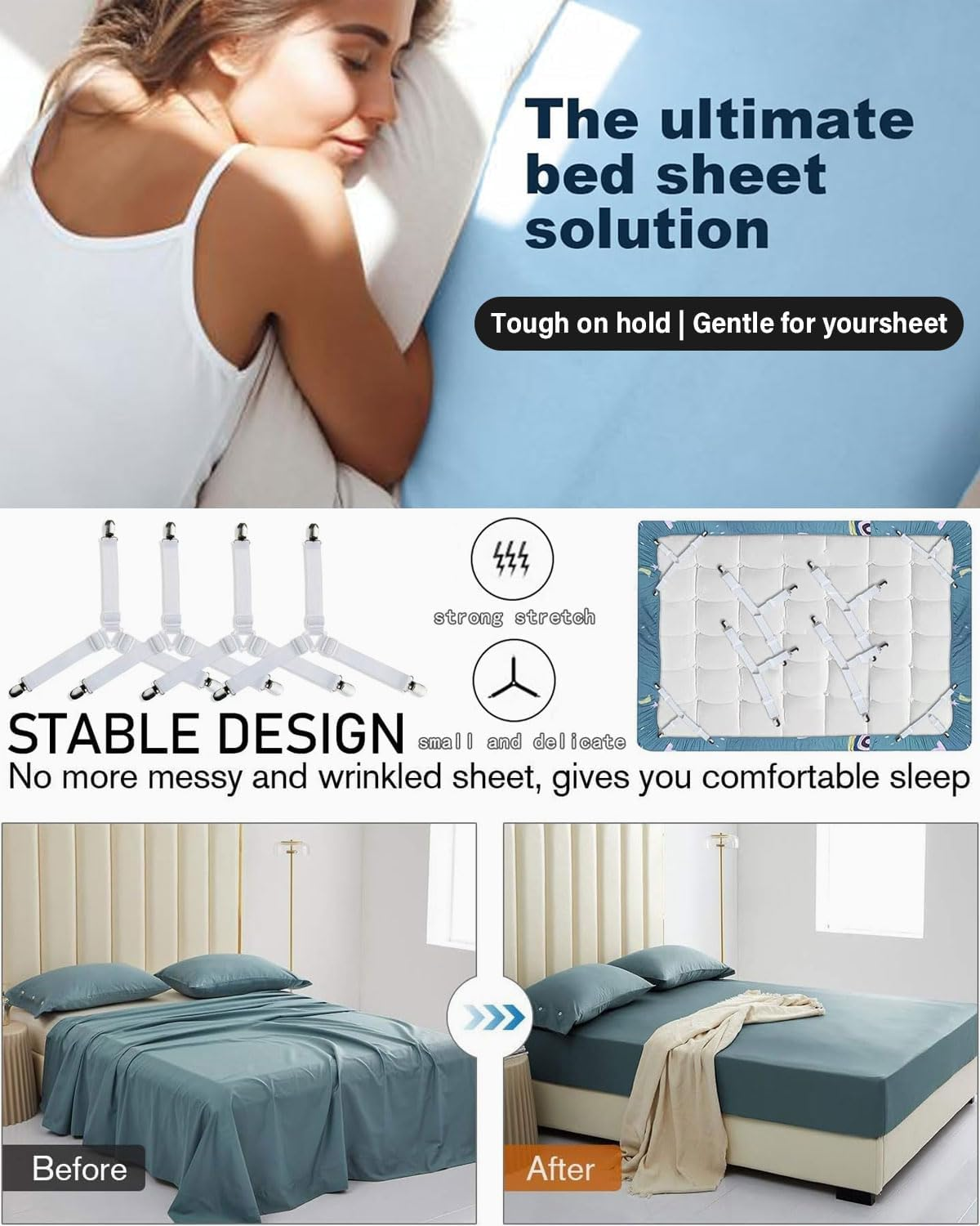 JUKOTA Bed Sheet Tensioners, Pack of 4 Adjustable Bed Sheet Tensioners, Elastic Bed Sheet Tensioners, Fitted Sheet Tensioners, Bed Sheet Tensioners, Bed Sheet Tensioners with Clip for Bed Linen image number 3