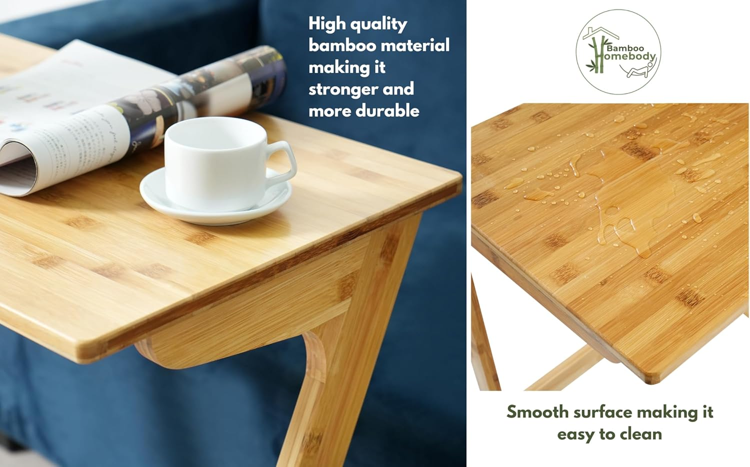 TV Tray Table, Side Table for Sofa, Couch, Bedside Table, End Table with or without Wheels, Rolling Table with Castors, Small Table for Living Room Furniture, Coffee Table, Bamboo (Z Shape)